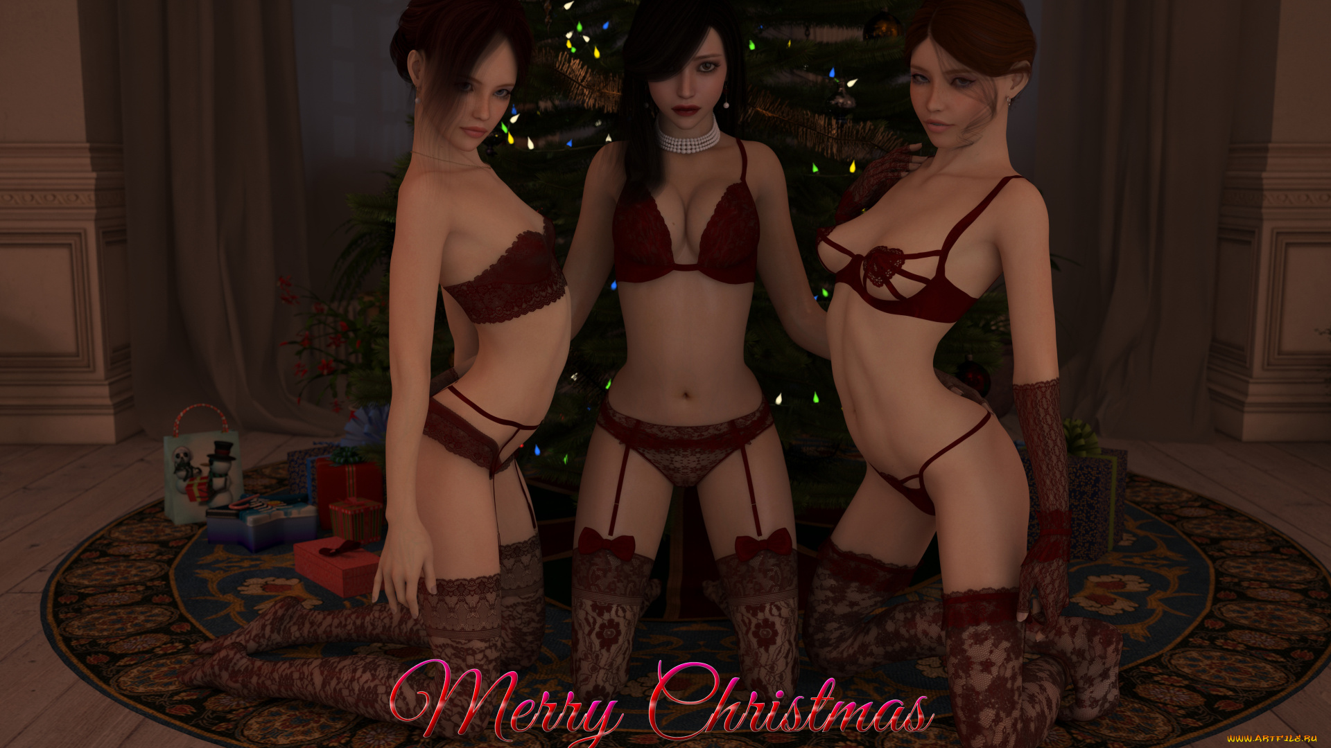 3д, графика, праздники, , holidays, девушки, фон, взгляд, ёлка, праздник, чулки