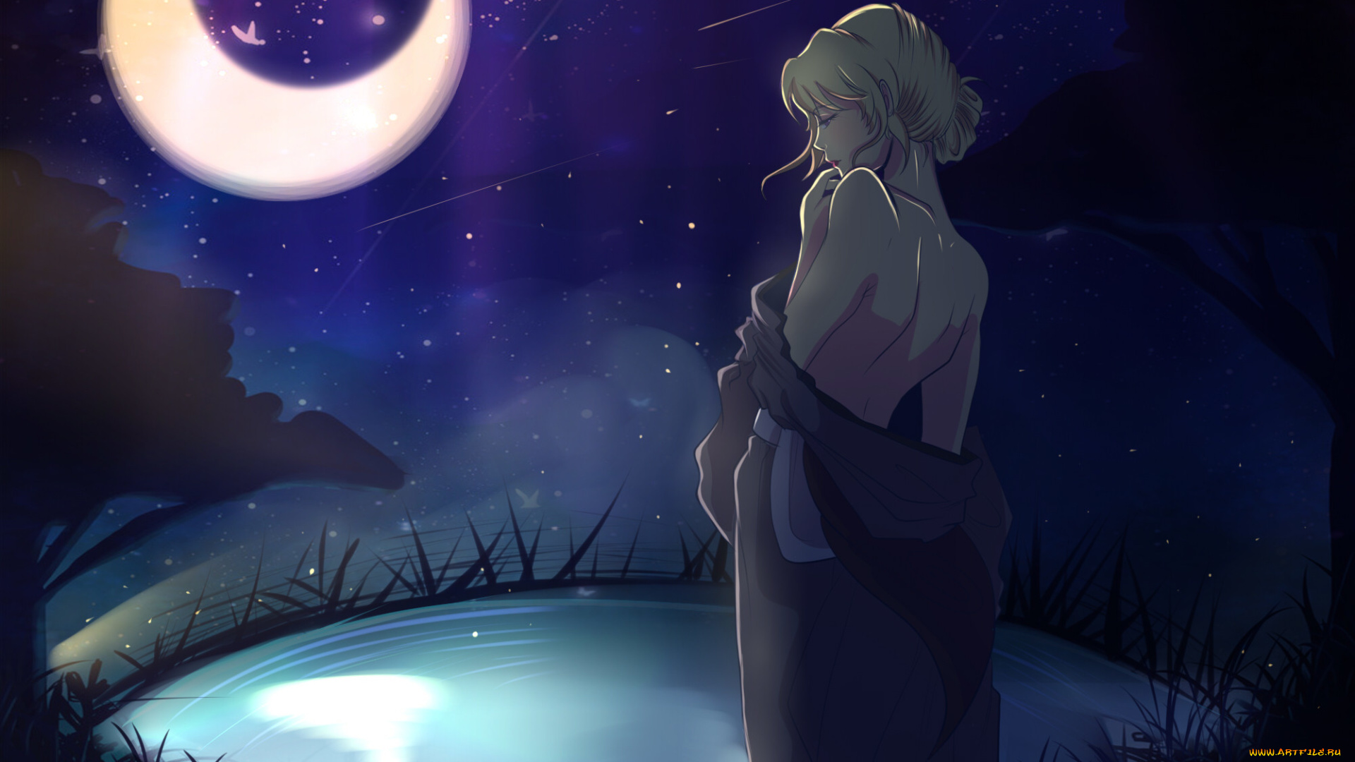 аниме, unknown, , другое, звезды, девушка, небо, спина, ночь, shiori, луна