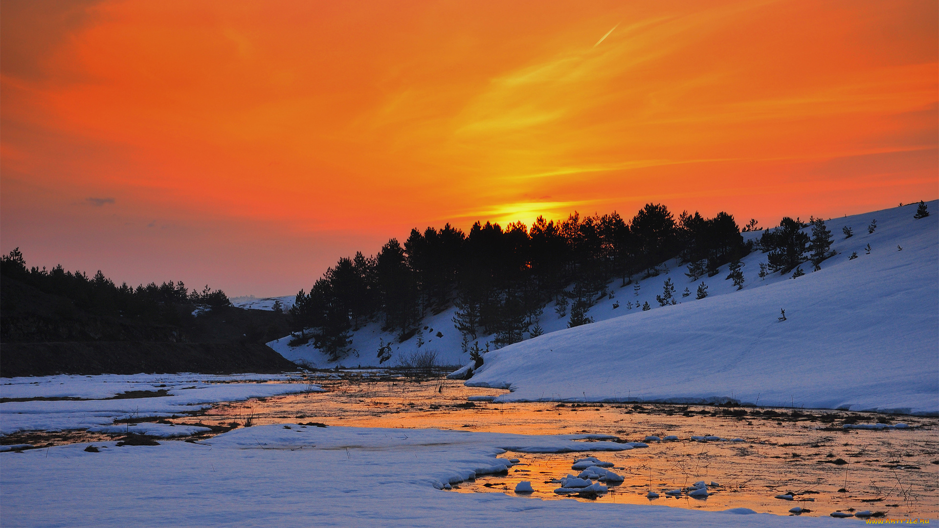 природа, восходы, закаты, река, снег, лес