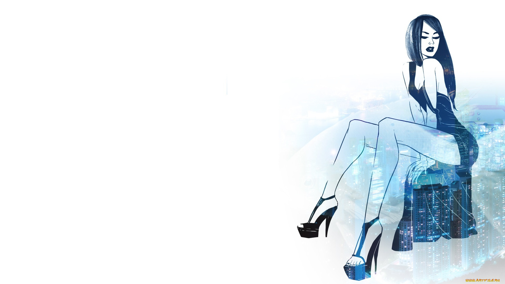 рисованное, люди, город, сидит, поза, взгляд, каблуки, ножки, девушка, эротика