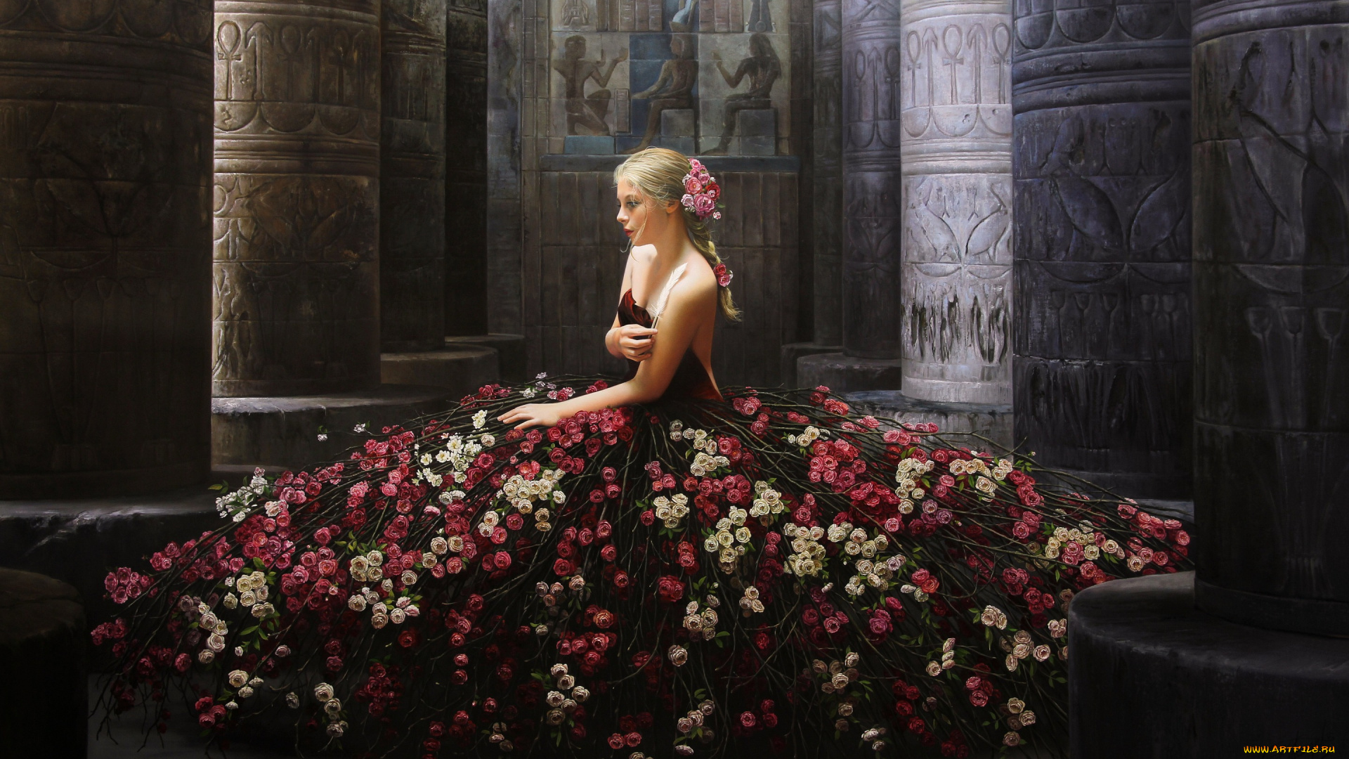 рисованное, люди, колонны, розы, цветы, платье, девушка, живопись, поза, сидит, модель