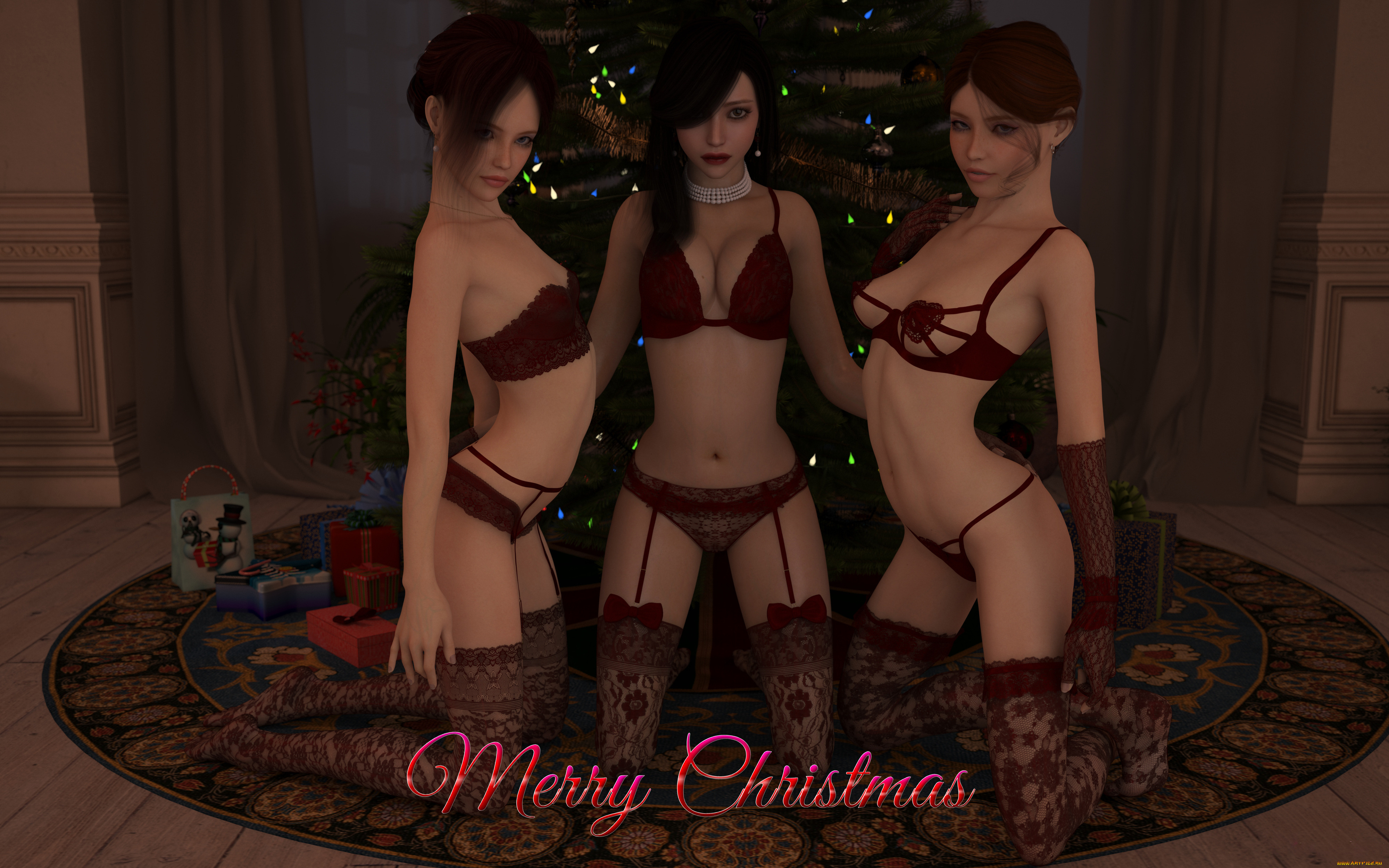 3д, графика, праздники, , holidays, девушки, фон, взгляд, ёлка, праздник, чулки