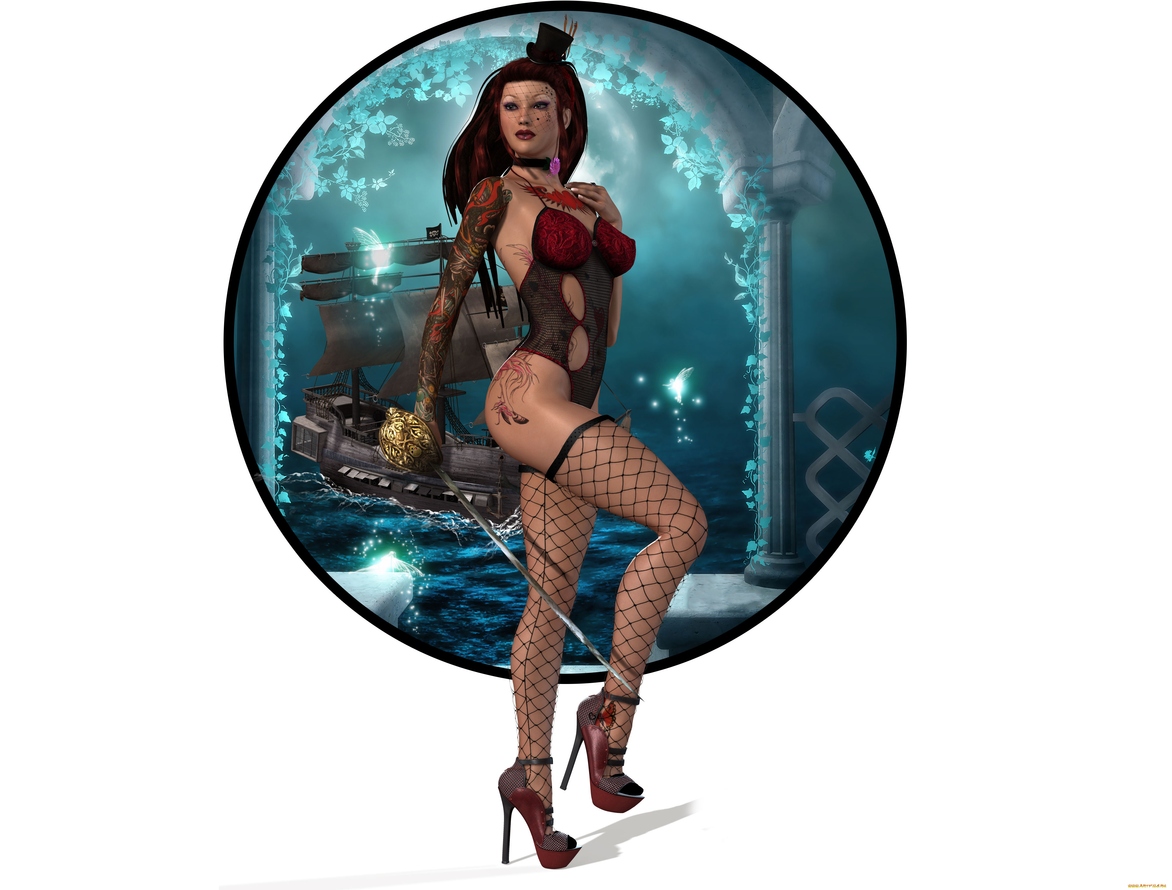 3д, графика, люди, , people, девушка, фон, чулки, взгляд, шпага