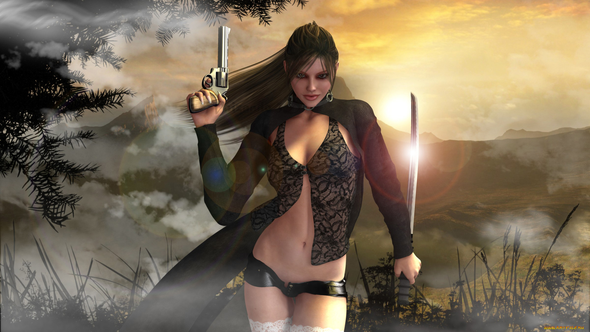 3д, графика, амазонки, , amazon, сабля, револьвер, девушка, фон, взгляд