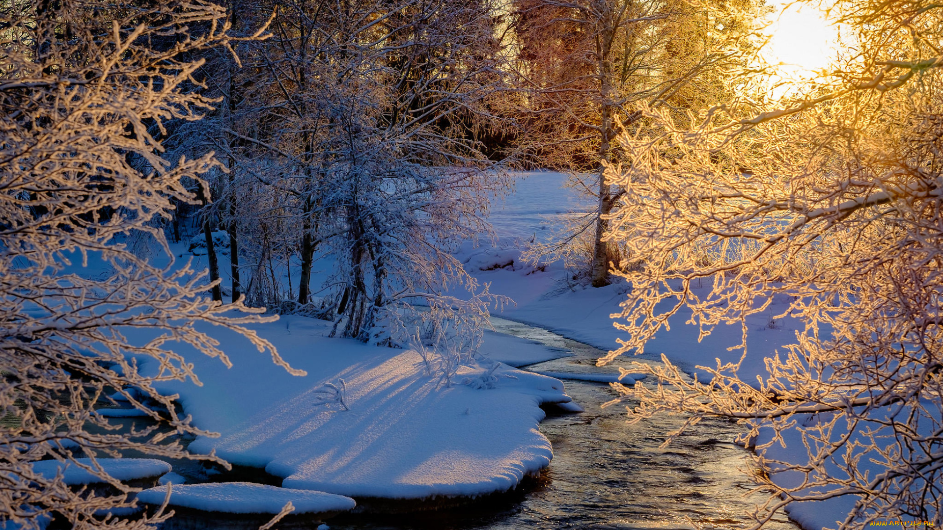 природа, реки, озера, зима, закат, лес, деревья, речка