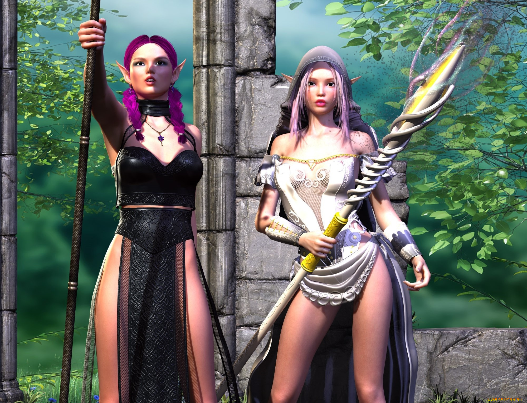 3д, графика, эльфы, , elves, фон, взгляд, эльфийки