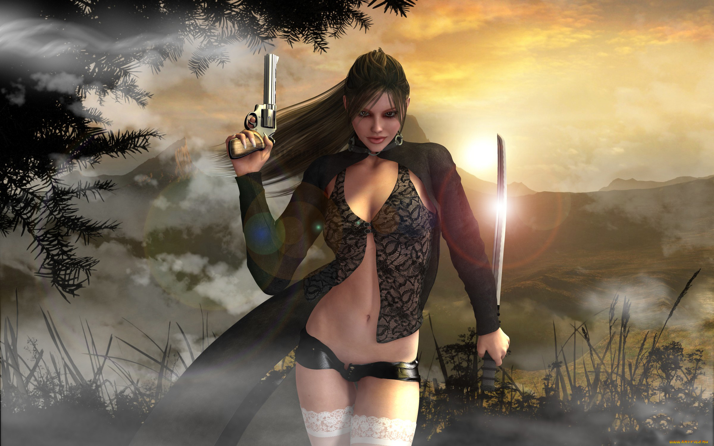 3д, графика, амазонки, , amazon, сабля, револьвер, девушка, фон, взгляд