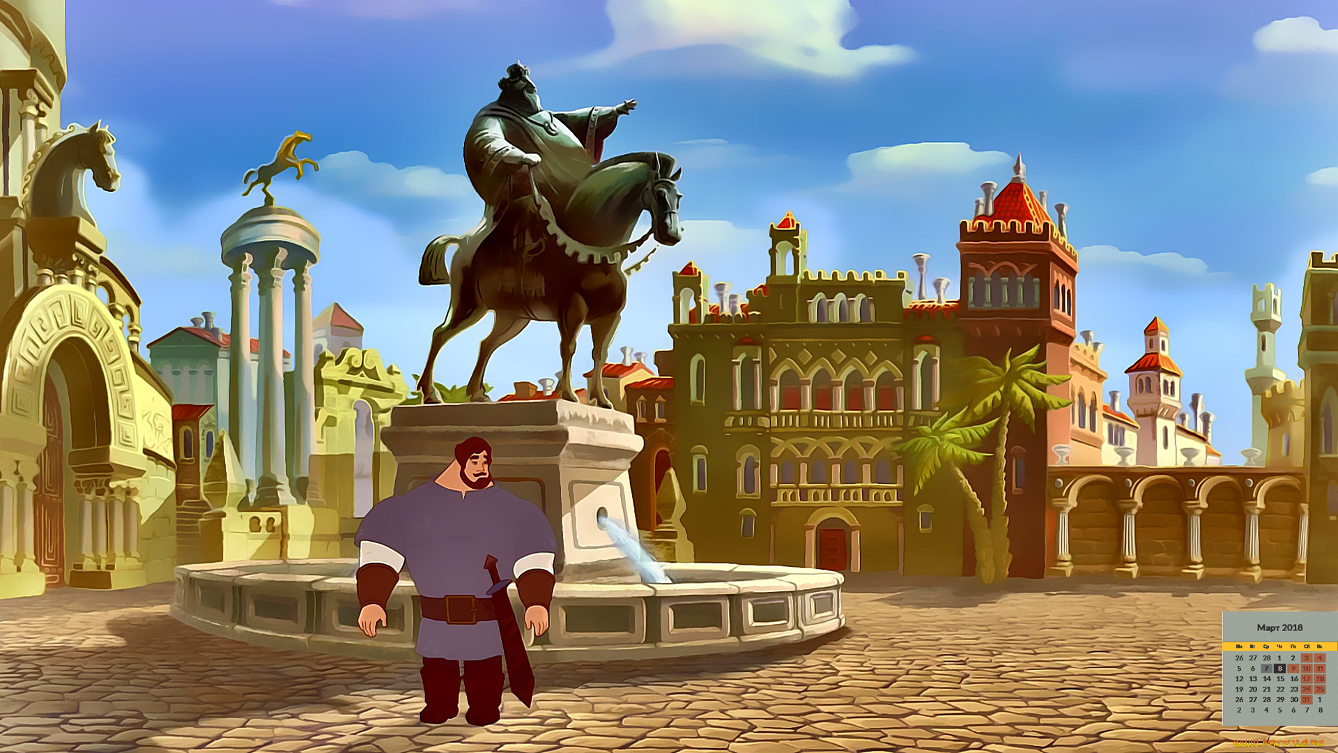 календари, кино, , мультфильмы, памятник, богатырь, мужчина, 2018, пальма, здание