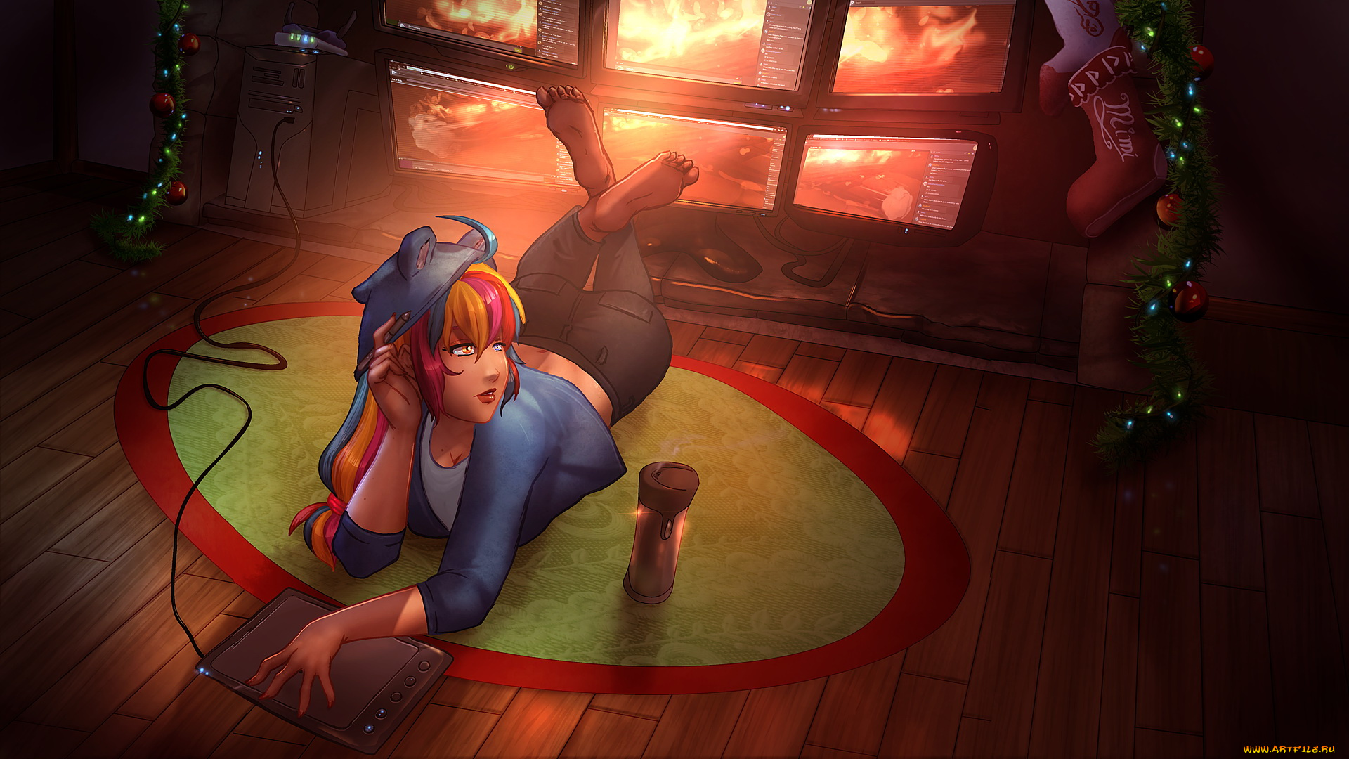 аниме, зима, , новый, год, , рождество, ветка, фон, девушка, носок