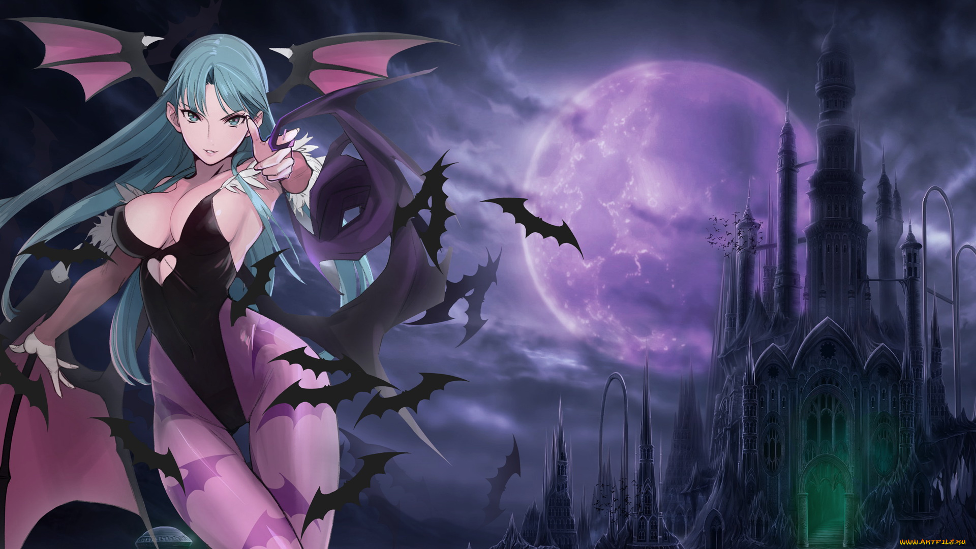 darkstalkers, аниме, взгляд, фон, крылья, девушка