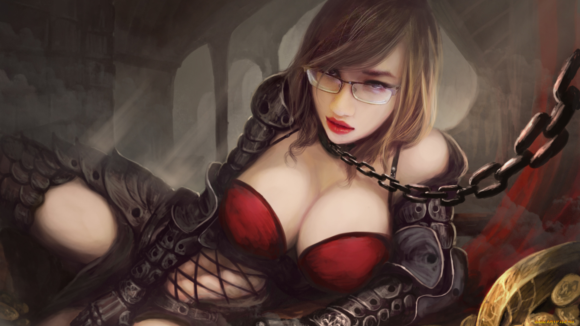 фэнтези, девушки, цепь, очки, фон, девушка