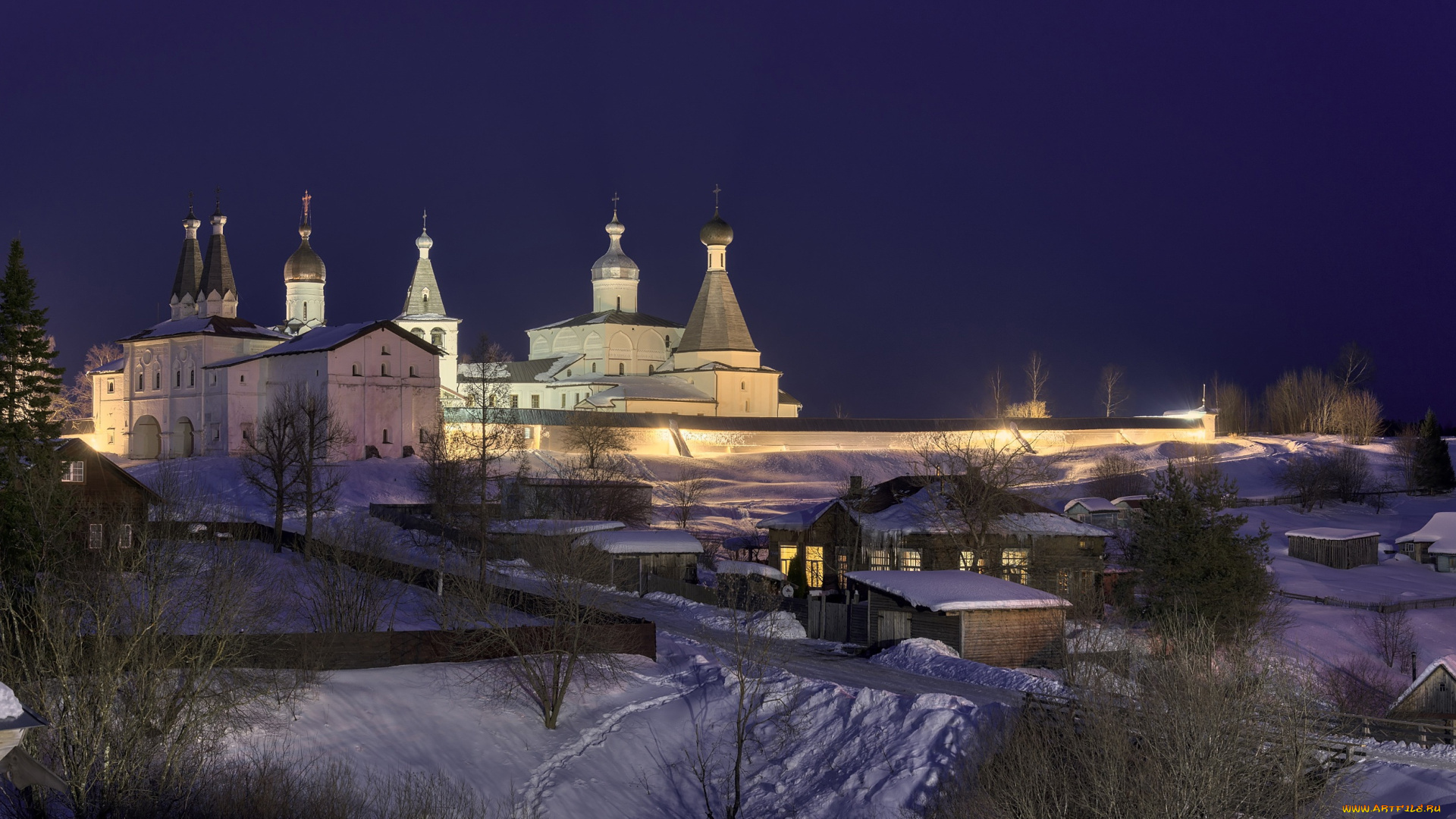 города, -, православные, церкви, , монастыри, вологодская, область, деревня, дома, ночь, снег, дорога, монастырь, освещение