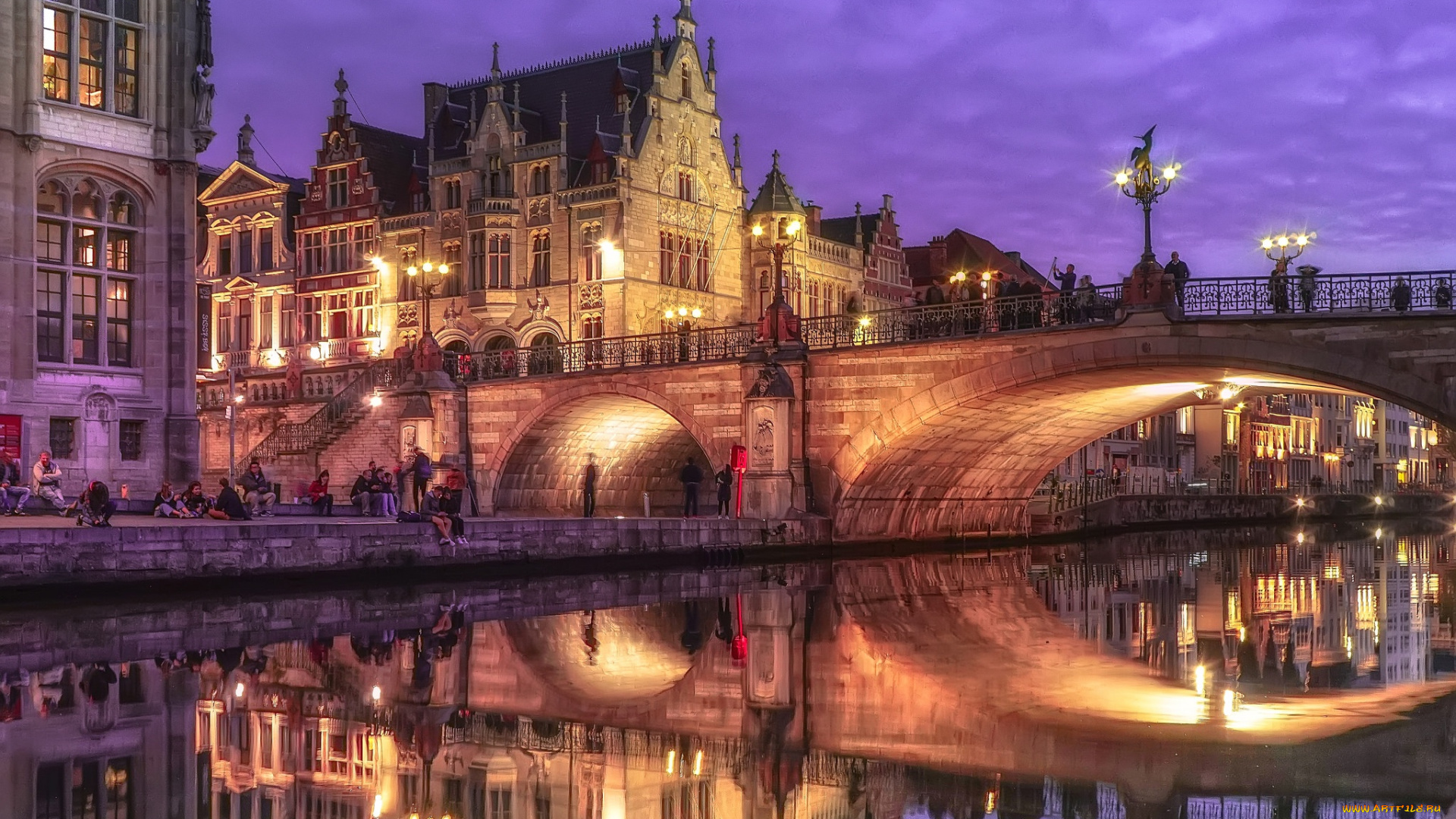 города, гент, , бельгия, гент, огни, мост, ночь