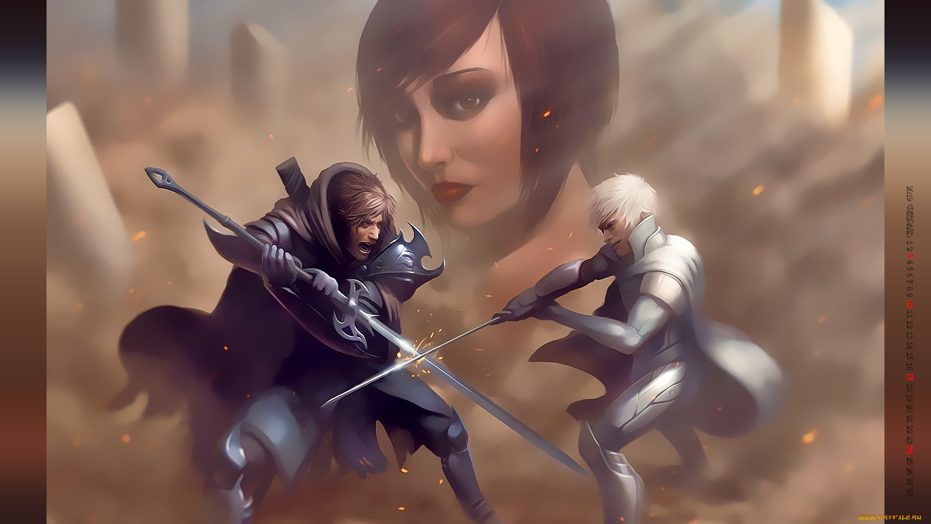 календари, фэнтези, мужчина, воин, девушка, лицо, доспехи, оружие, поединок