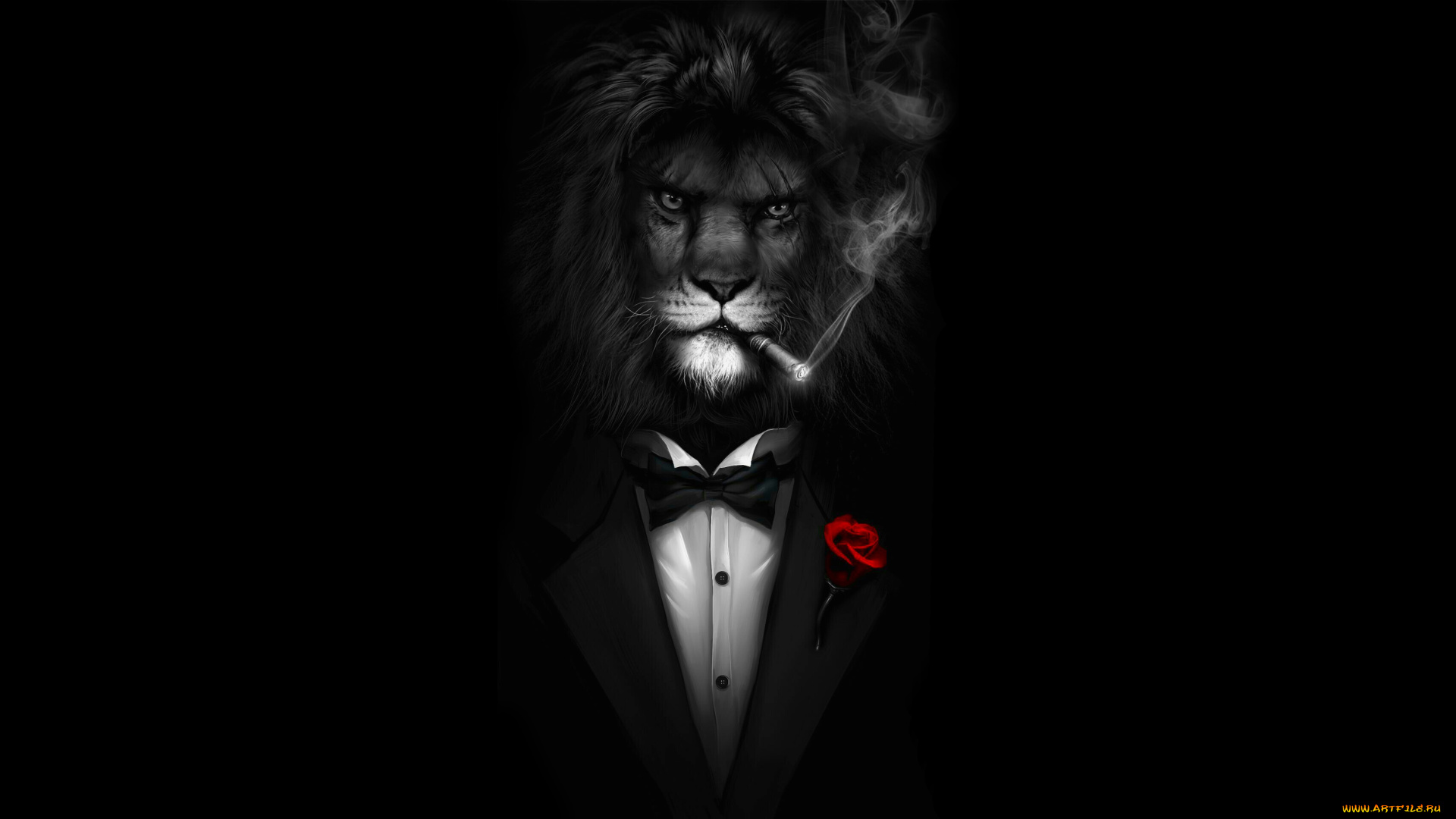 рисованное, минимализм, сигара, арт, грива, морда, лев, костюм, дым, бабочка