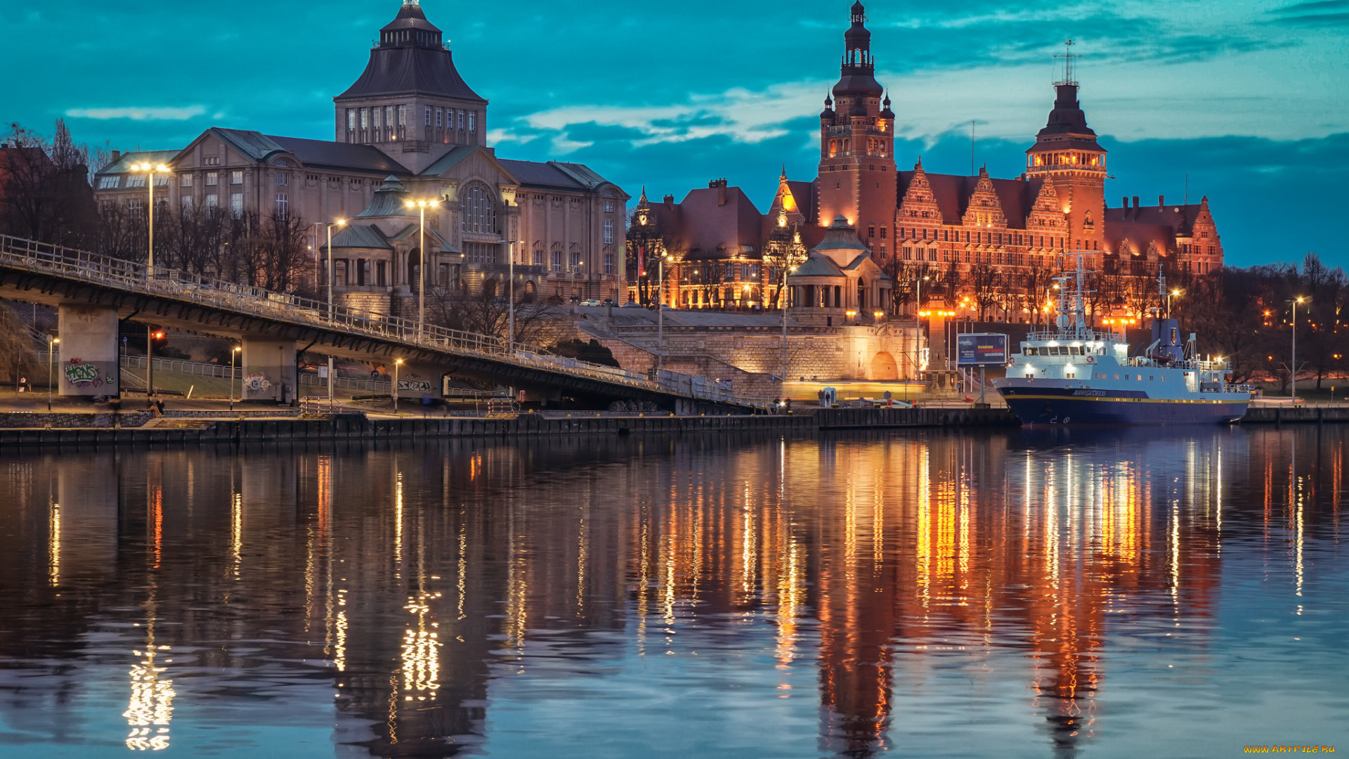 szczecin, города, -, огни, ночного, города, простор