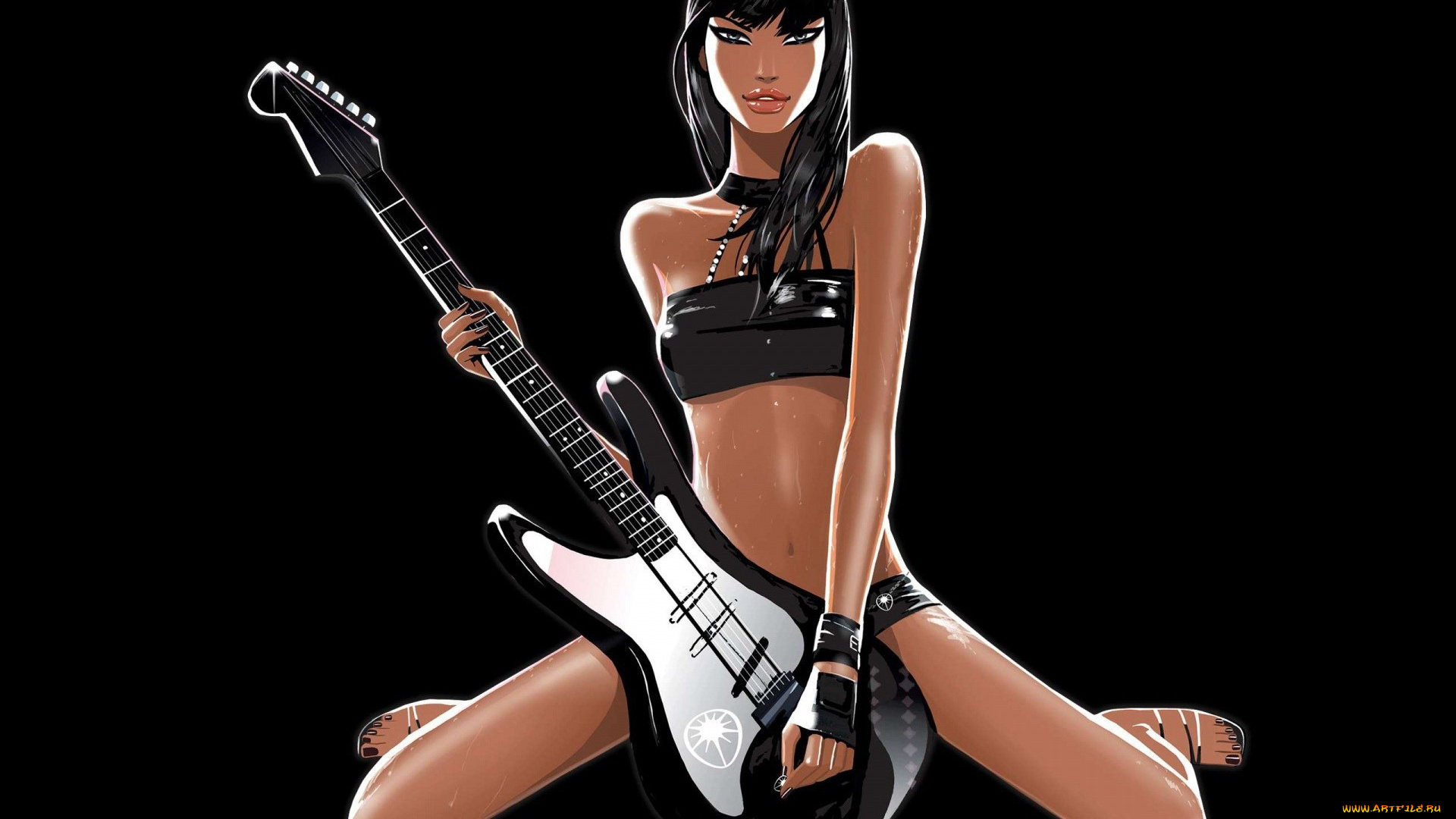 векторная, графика, девушки, , girls, брюнетка, гитара