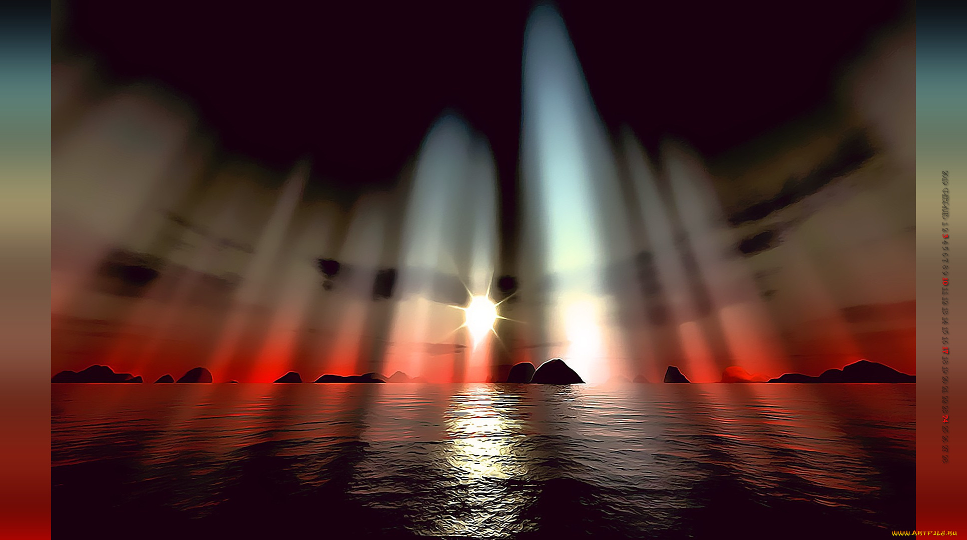 календари, 3д-графика, водоем, луч, свет