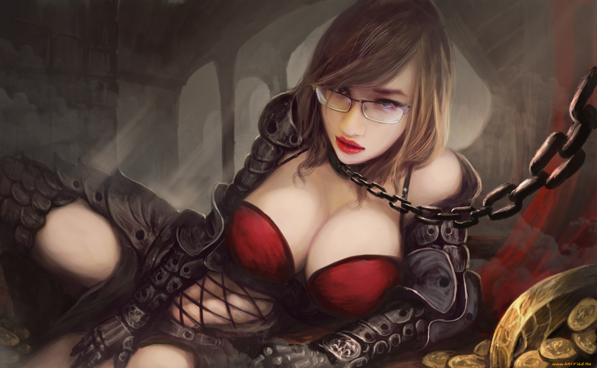 фэнтези, девушки, цепь, очки, фон, девушка