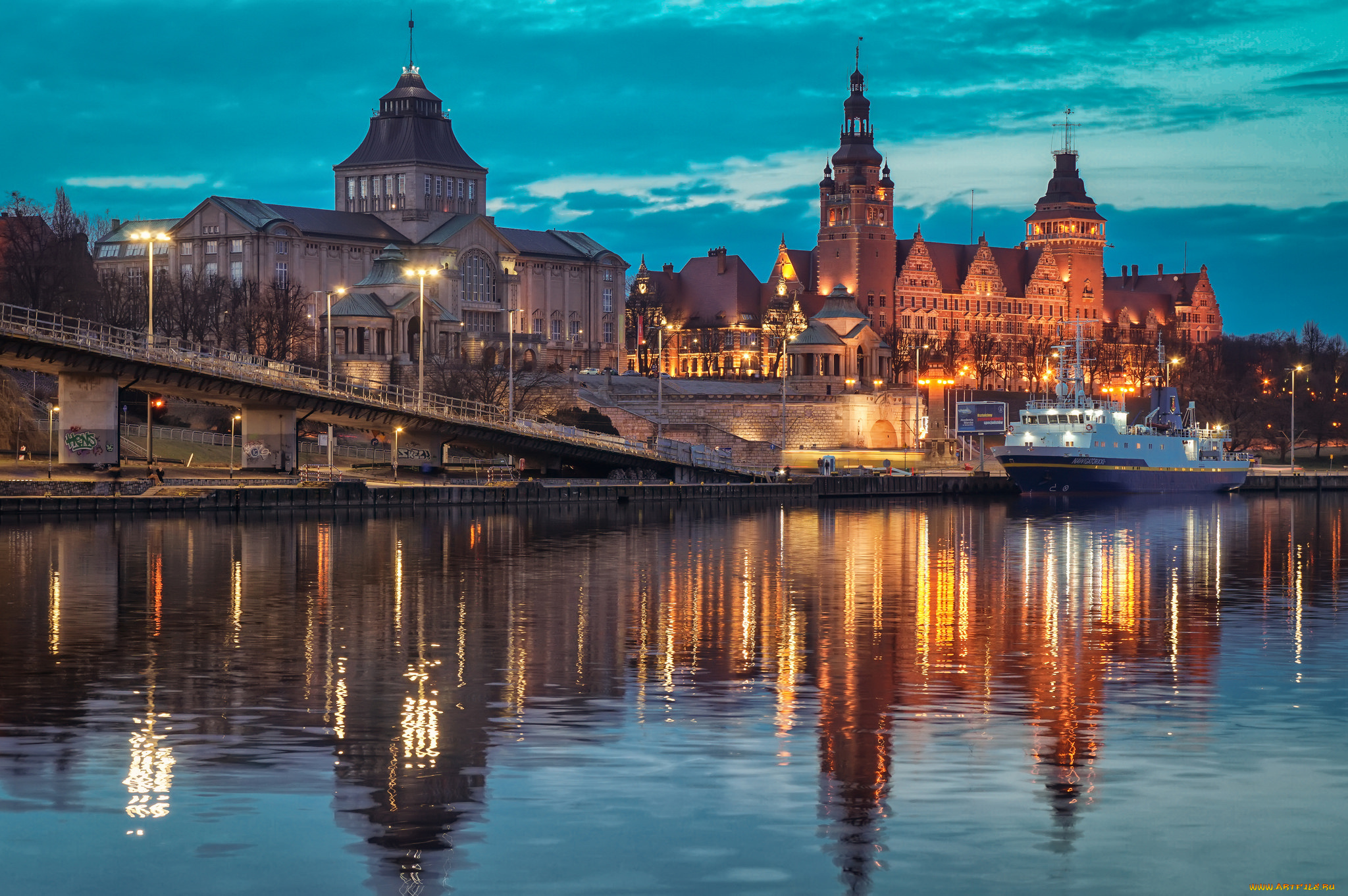 szczecin, города, -, огни, ночного, города, простор