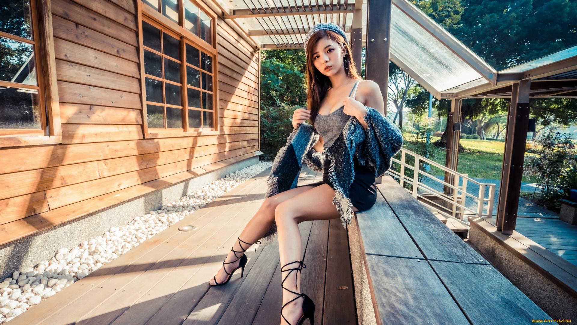 девушки, -unsort, , азиатки, длинные, волосы, крыльцо