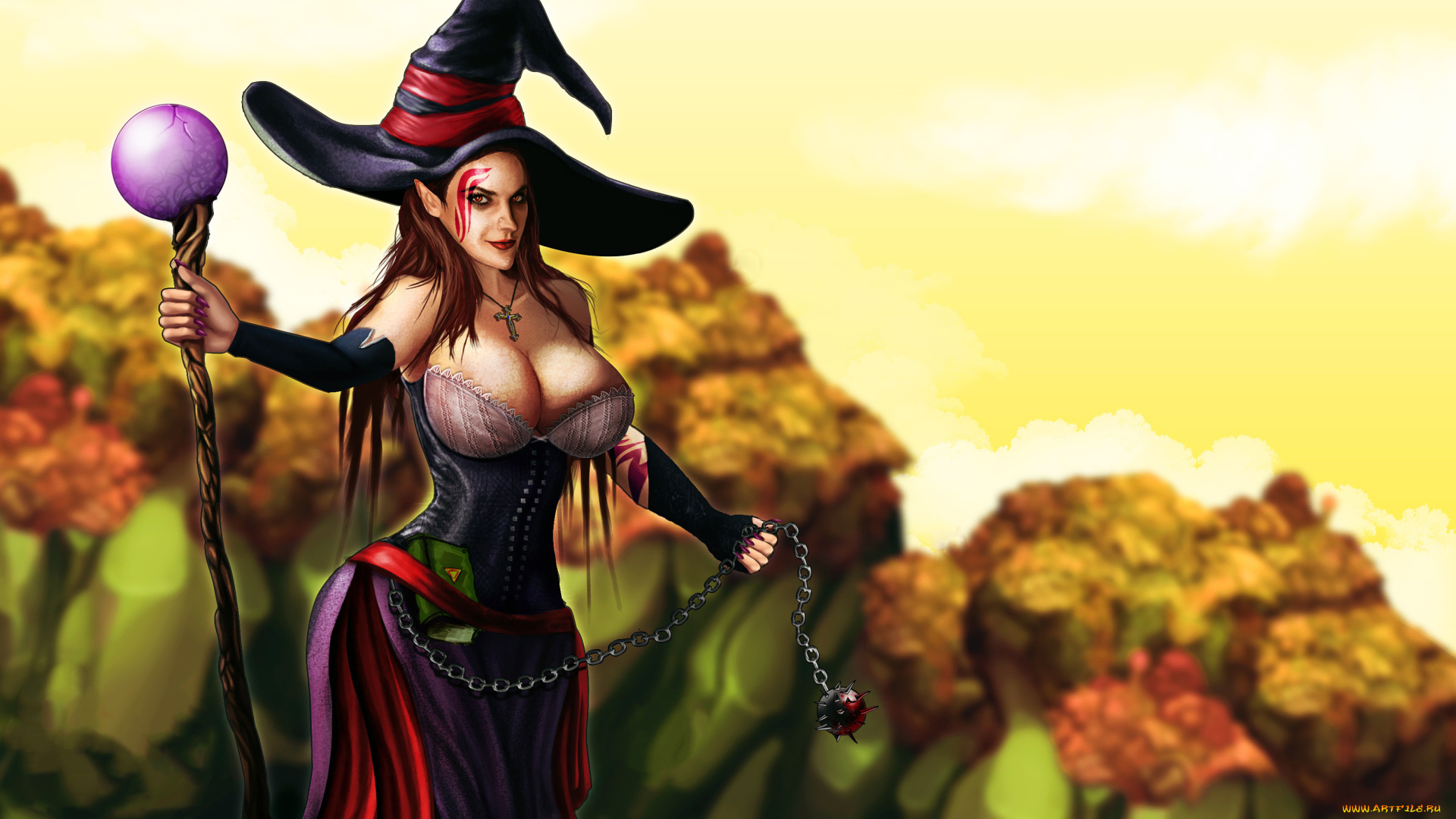 фэнтези, маги, , волшебники, фон, взгляд, шляпа, посох, девушка