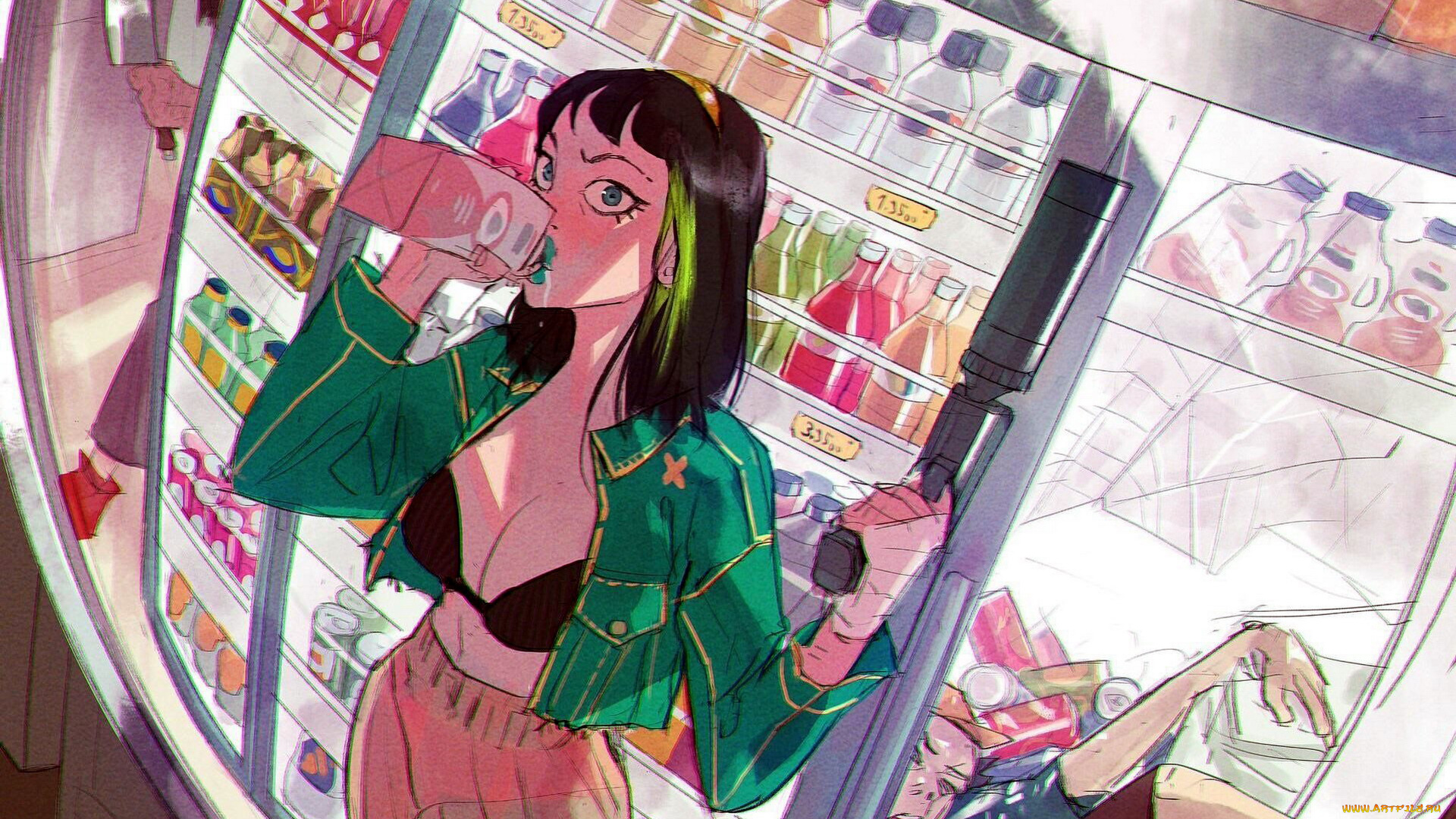 рисованное, люди, холодильник, напитки, молоко, девушка, труп, оружие, магазин