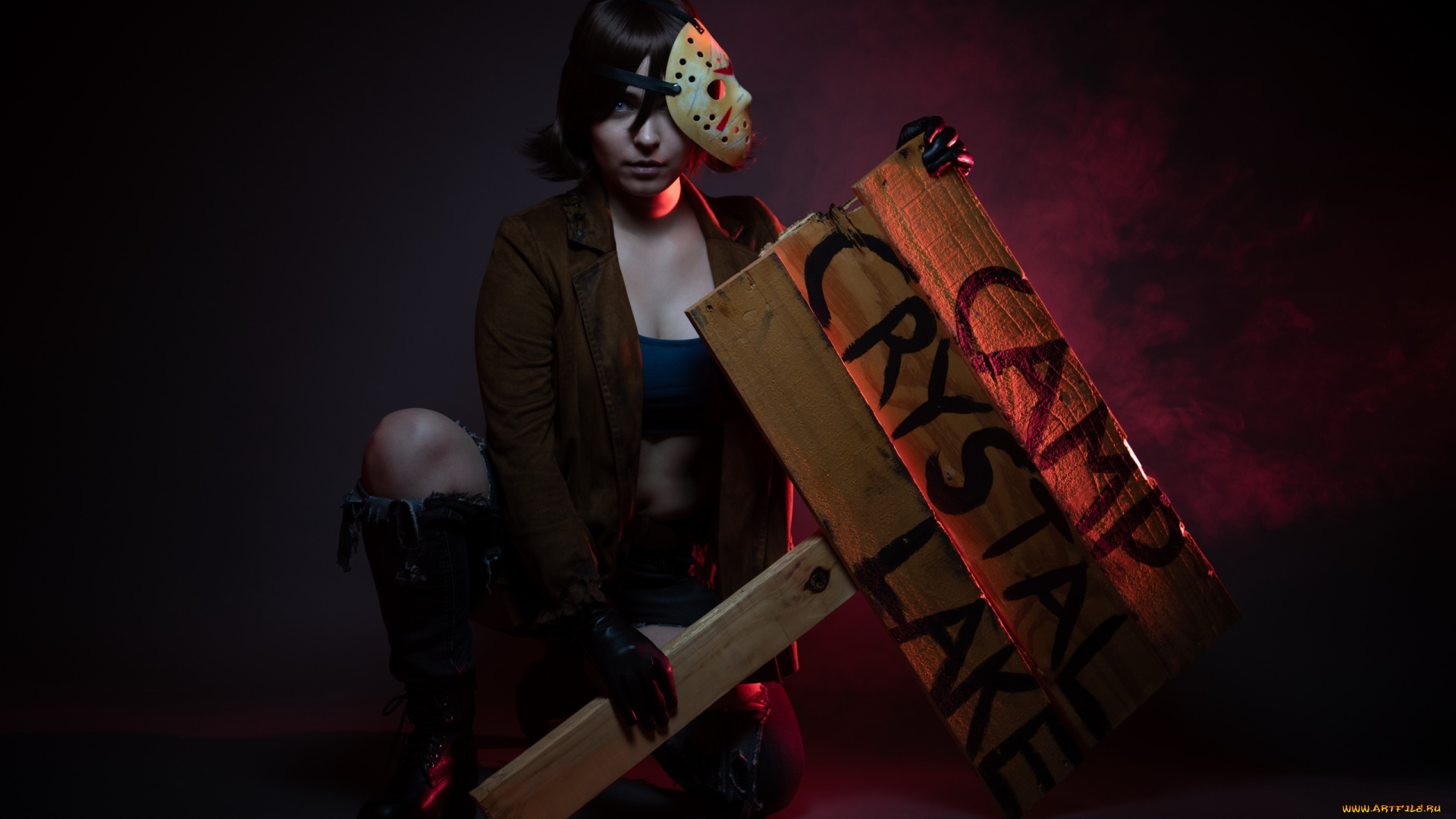 девушки, -, креатив, , косплей, девушка, фон, взгляд, маска, щит