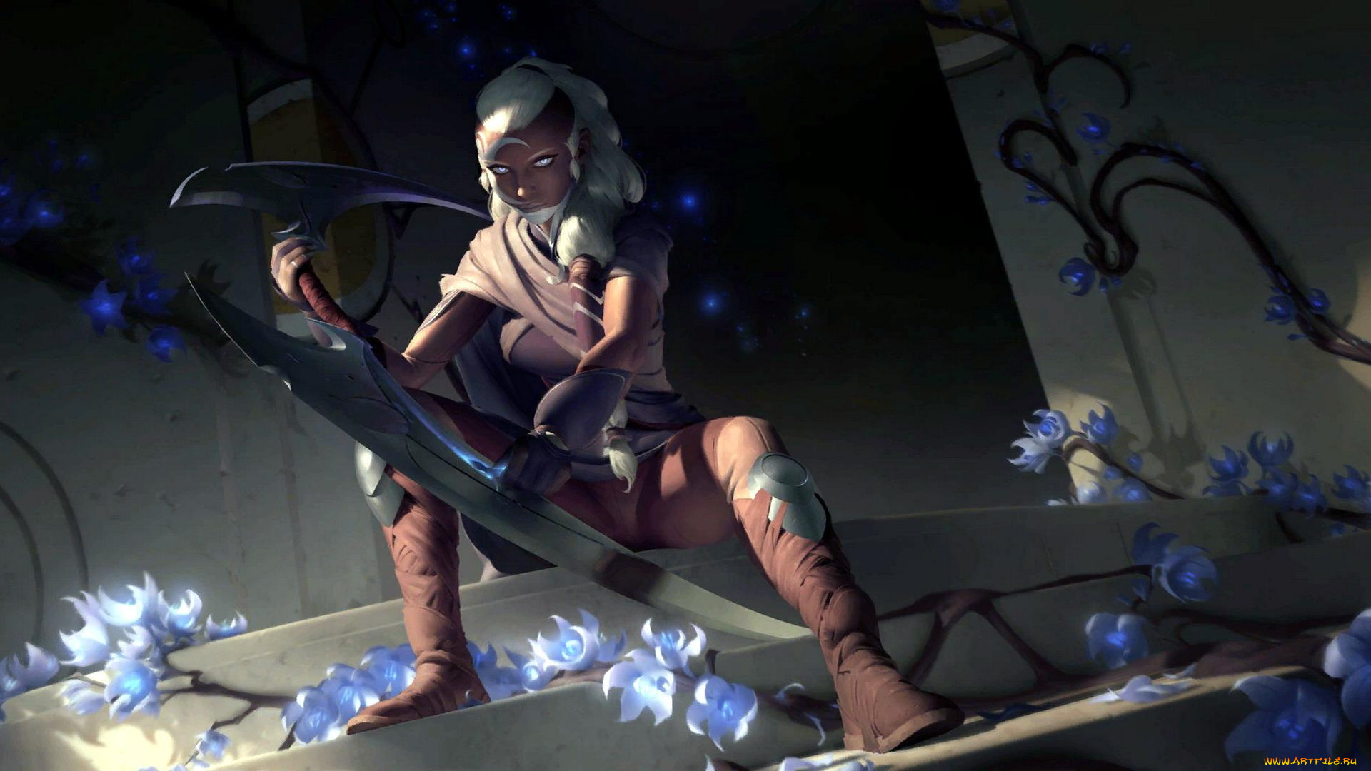 видео, игры, league, of, legends, , legends, of, runeterra, девушка, оружие, порог, здание, цветы
