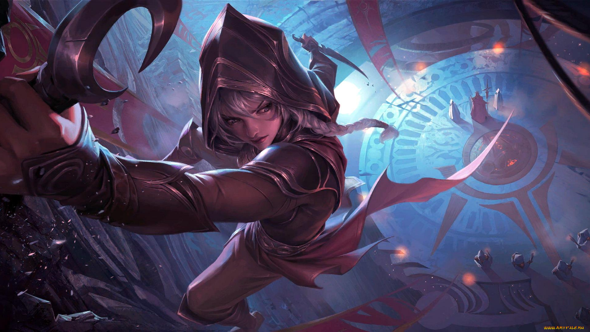 видео, игры, league, of, legends, , legends, of, runeterra, девушка, кинжалы, стена, зал, люди