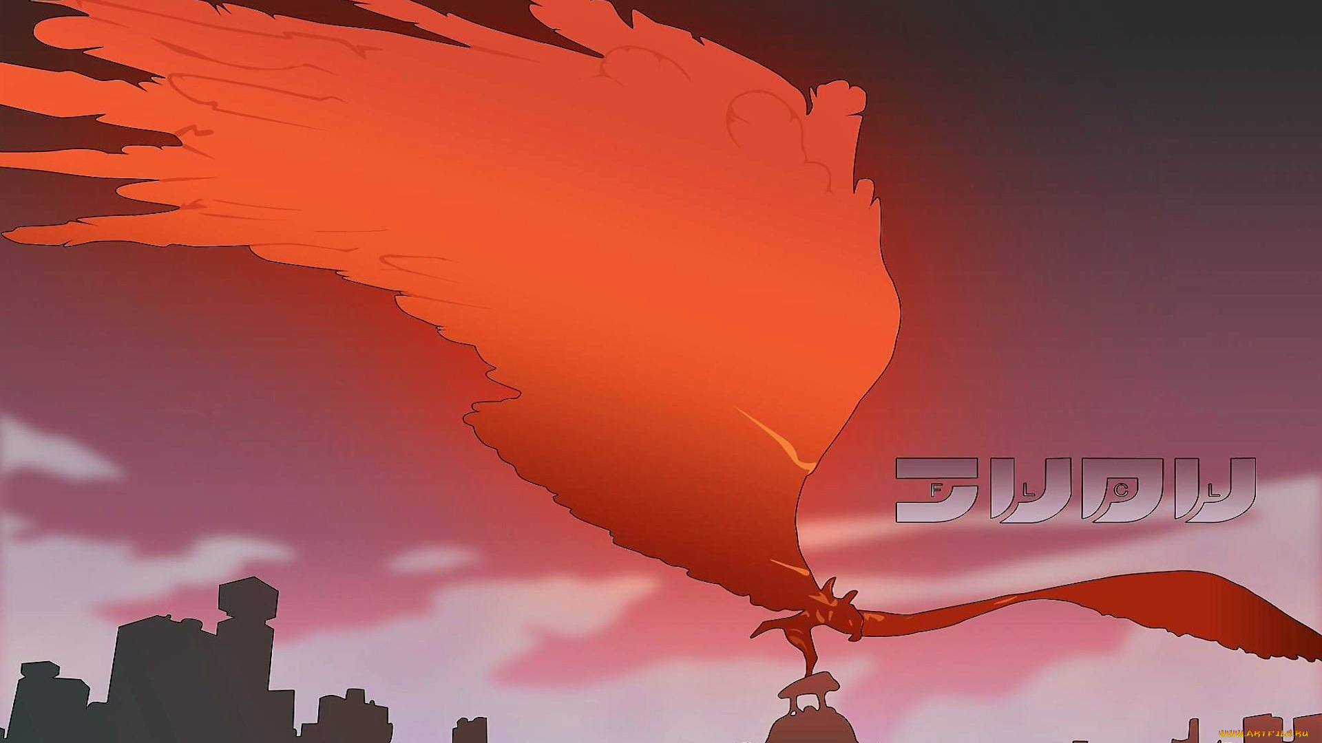 аниме, flcl, крылья, город