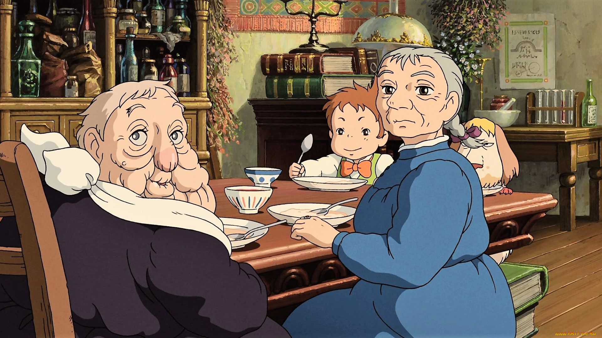 аниме, howl`s, moving, castle, женщины, дети, стол, еда