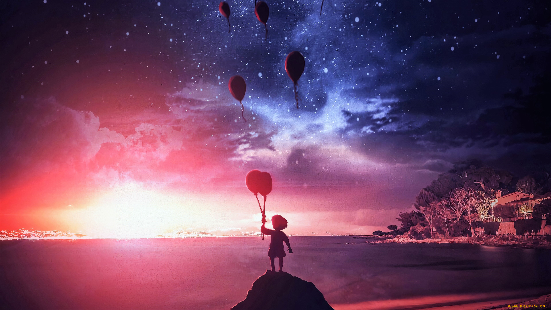 аниме, пейзажи, , природа, ребенок, шарики, закат, море, дома