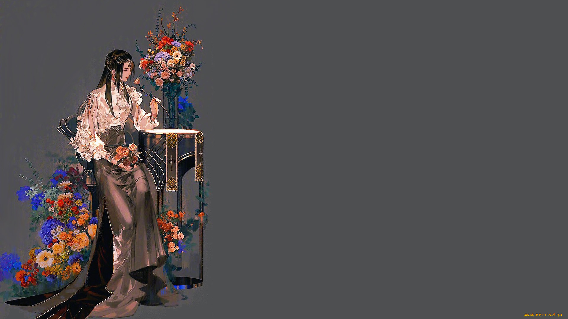 аниме, unknown, , другое, , девушка, цветы