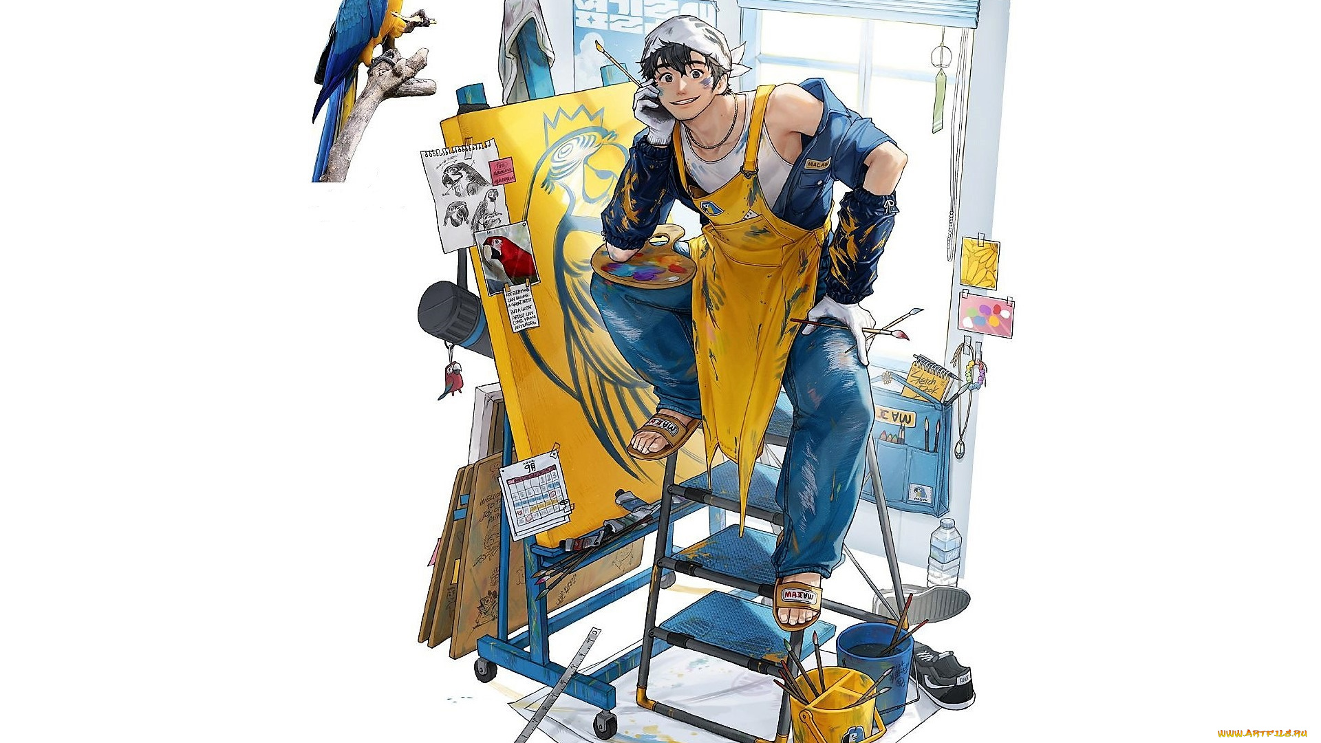 аниме, животные, , существа, художник, попугай, картины, краски