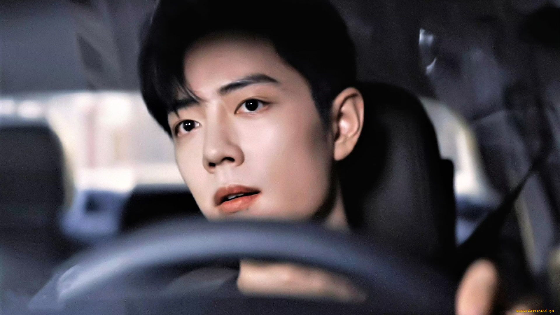 мужчины, xiao, zhan, лицо, машина, руль