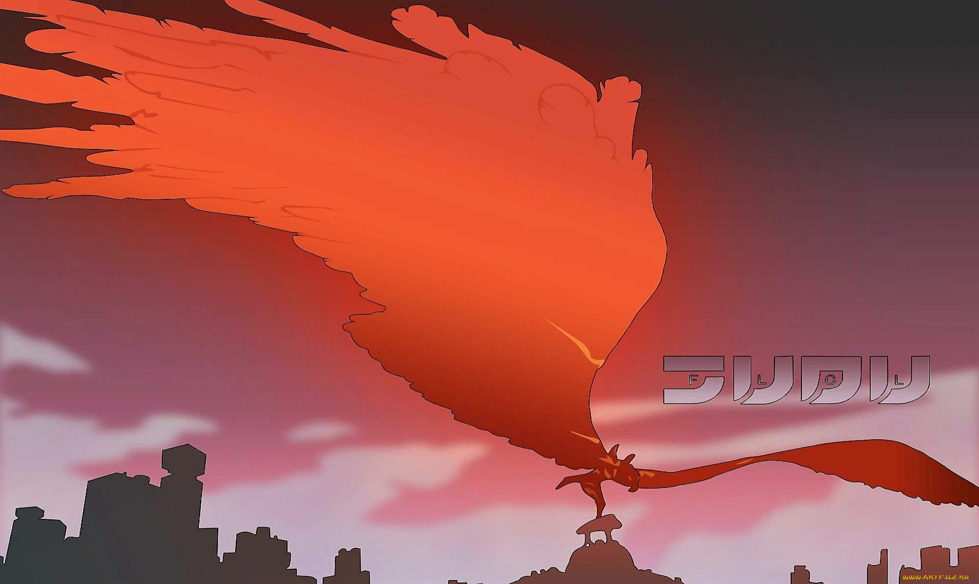 аниме, flcl, крылья, город