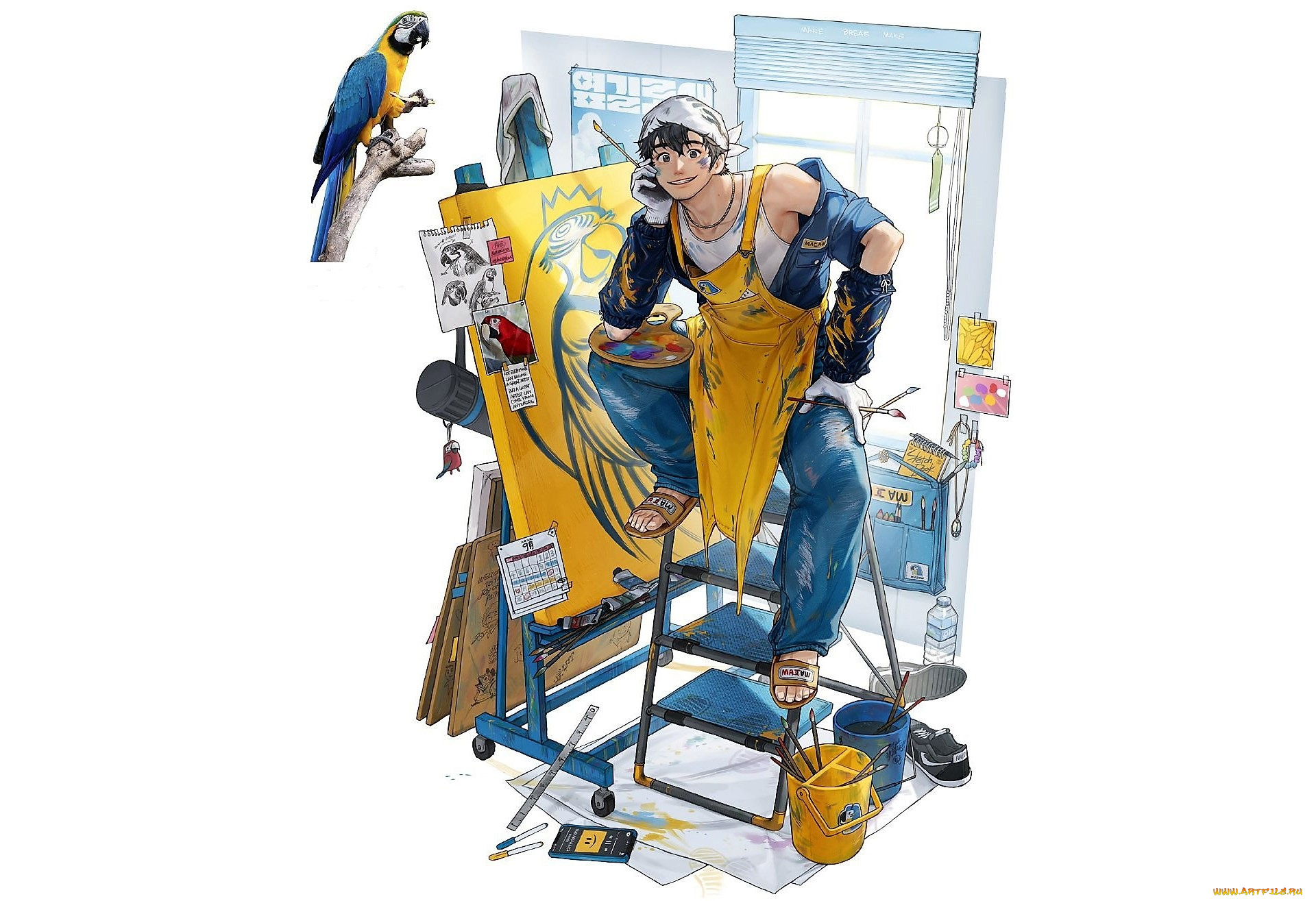 аниме, животные, , существа, художник, попугай, картины, краски