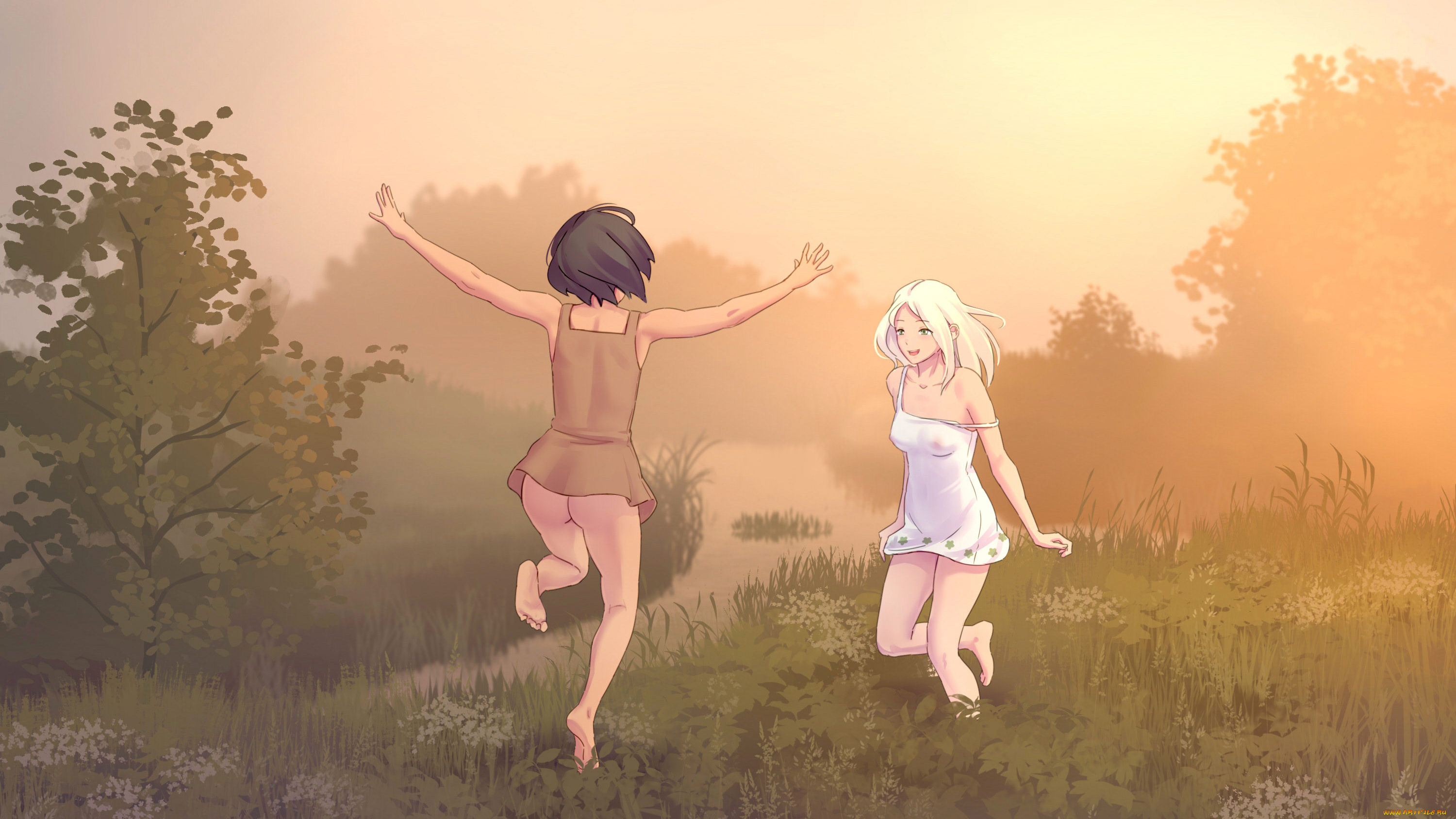 аниме, пейзажи, , природа, красивые, девушки, радуются