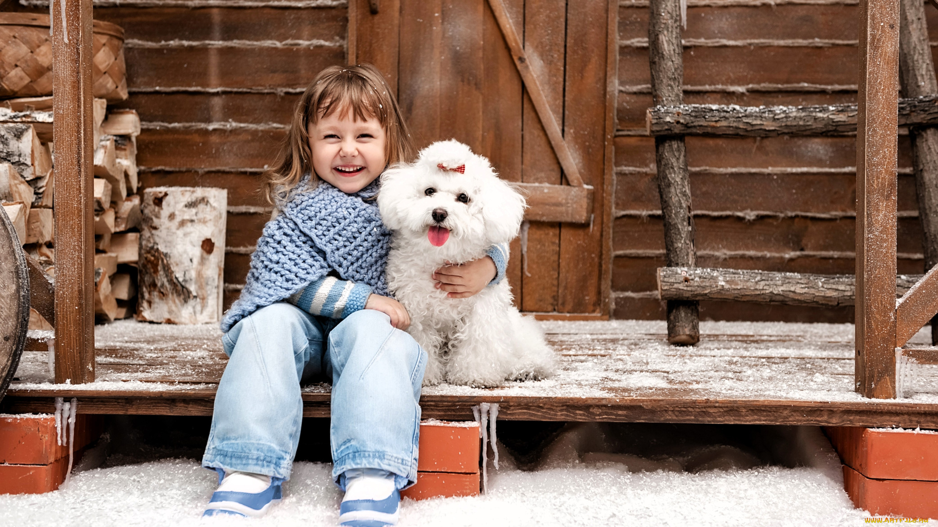 разное, дети, девочка, шарф, джинсы, собака, порог, снег