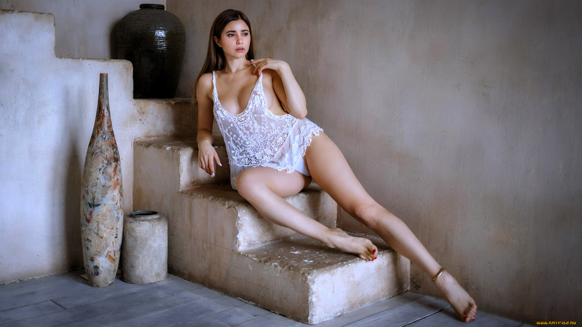 девушки, -, брюнетки, , шатенки, шатенка, белье, ступеньки, вазы