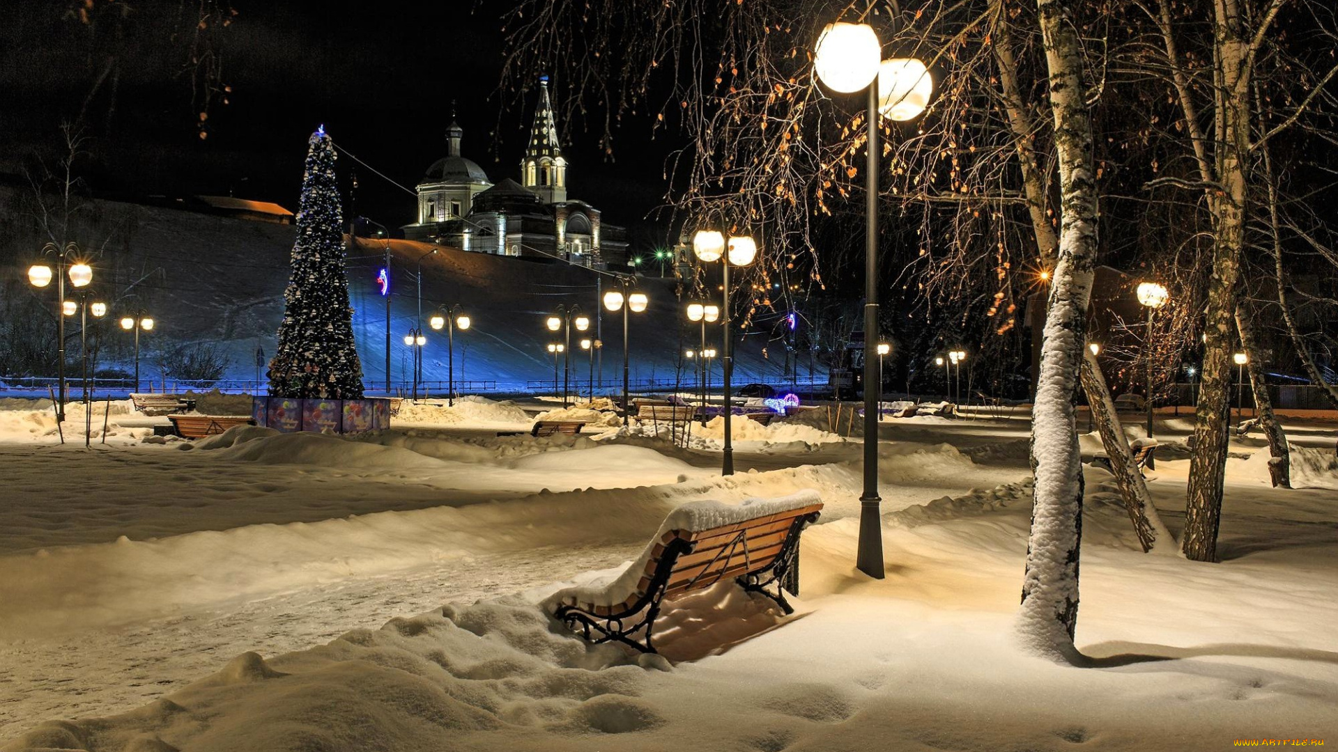 города, -, улицы, , площади, , набережные, снег, зима, скамейка, деревья, ёлка, фонари, собор