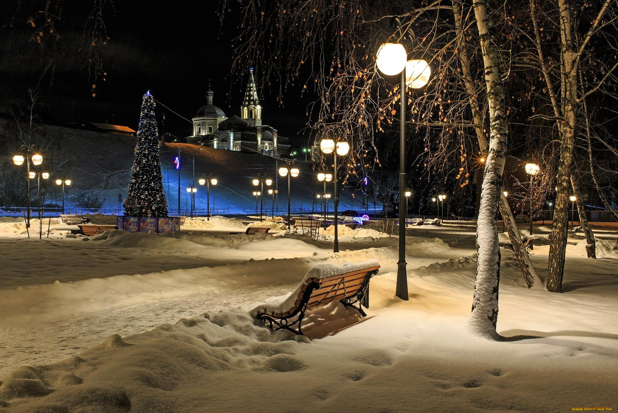 города, -, улицы, , площади, , набережные, снег, зима, скамейка, деревья, ёлка, фонари, собор