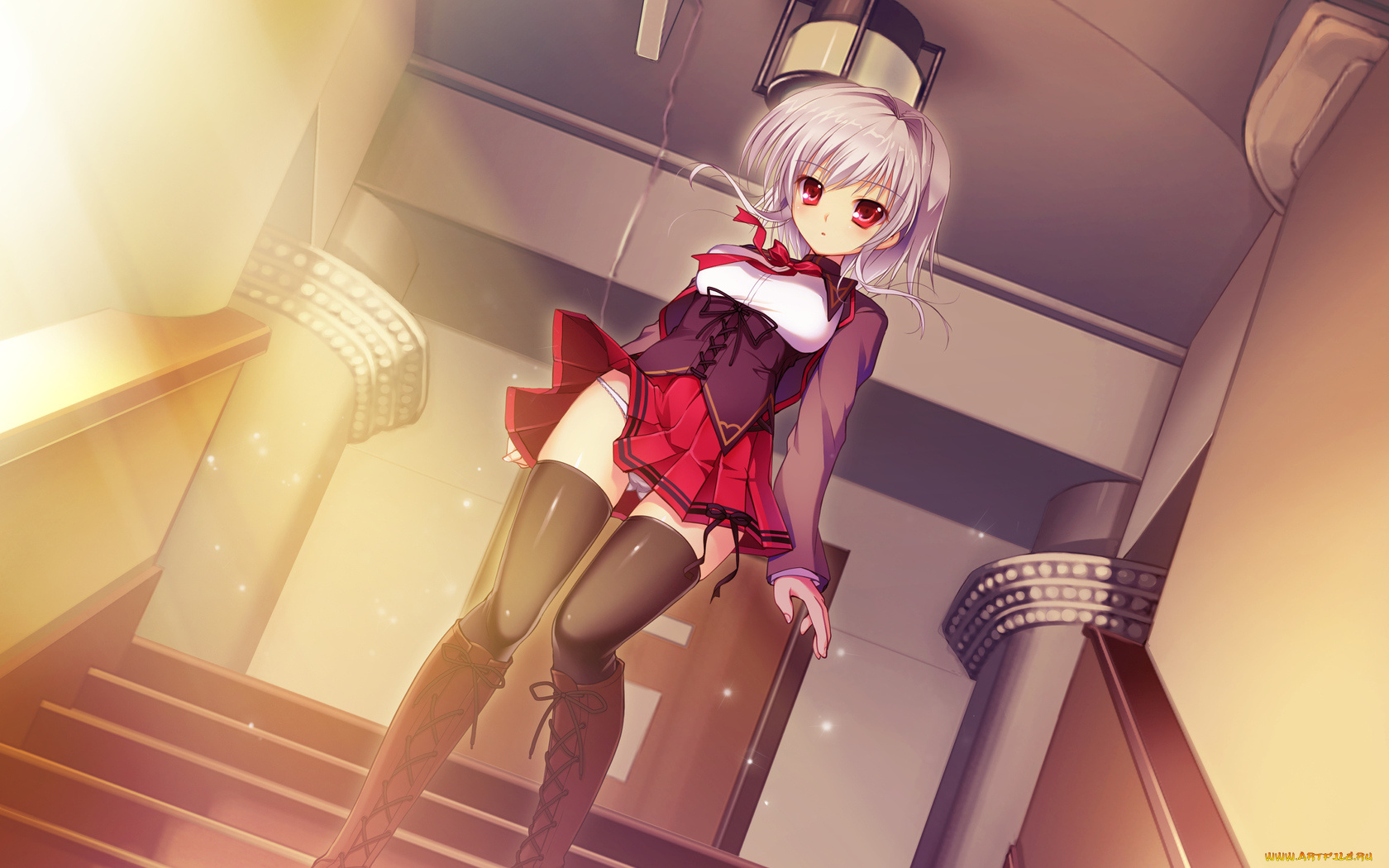 аниме, *unknown, другое, блейзер, девочка, юбка, корсет, сапоги, чулки, коридор, лестница
