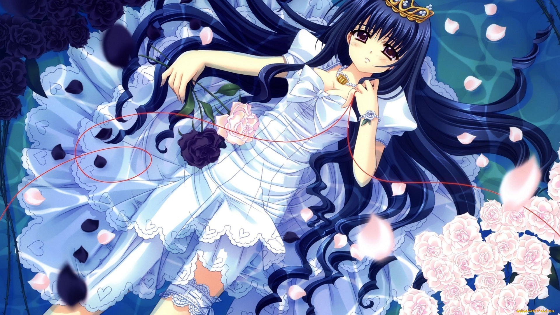 аниме, *unknown, другое, красная, нить, диадема, nishimata, aoi, украшения, розы, цветы, платье, лёжа, девочка