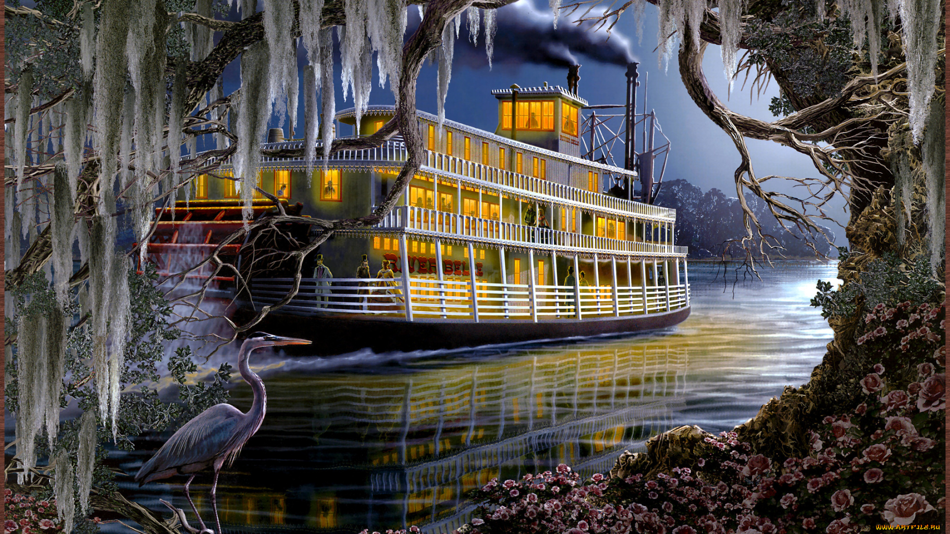 roberta, wesley, night, on, the, river, рисованные, арт, река, пароход, цапля