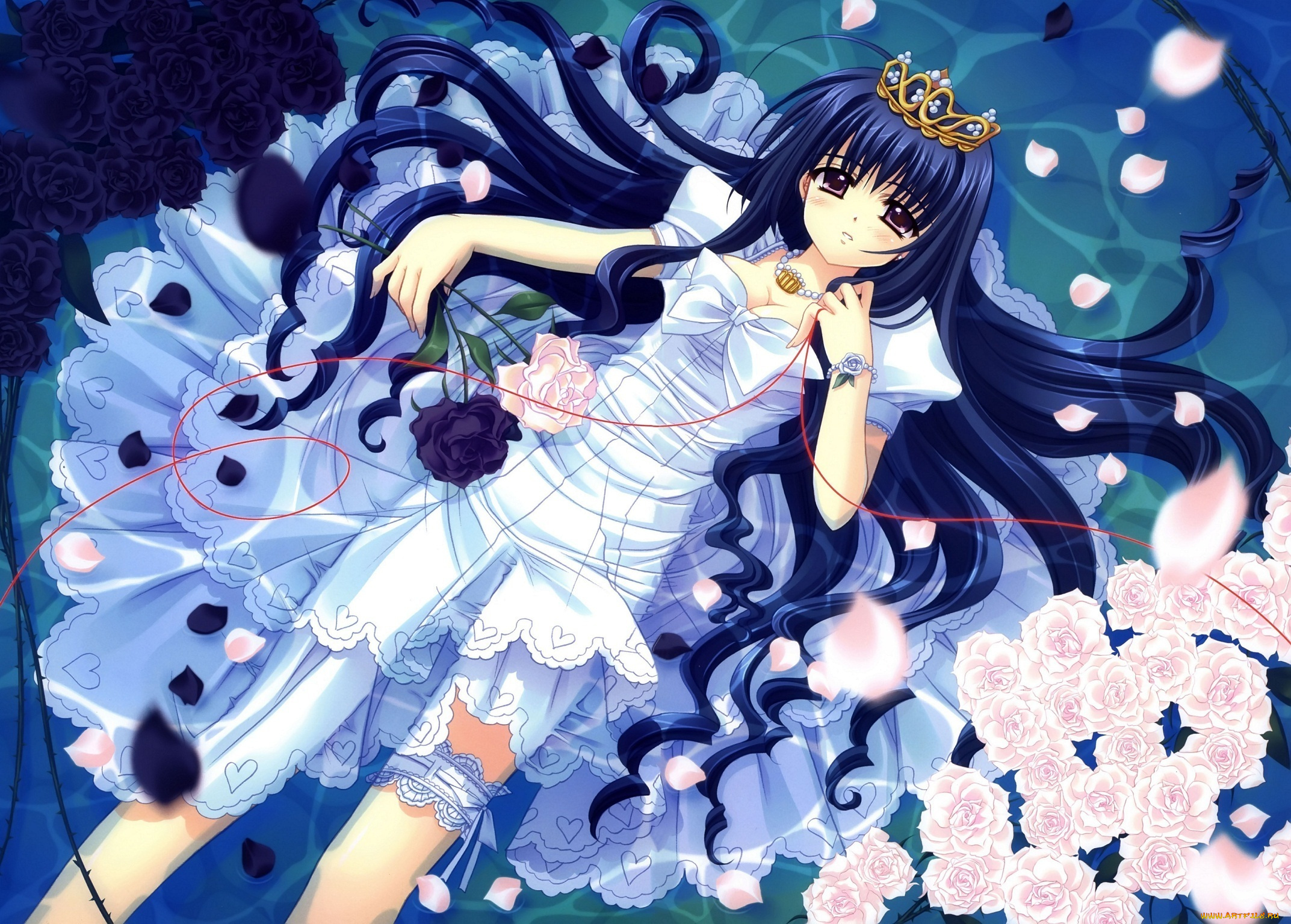 аниме, *unknown, другое, красная, нить, диадема, nishimata, aoi, украшения, розы, цветы, платье, лёжа, девочка