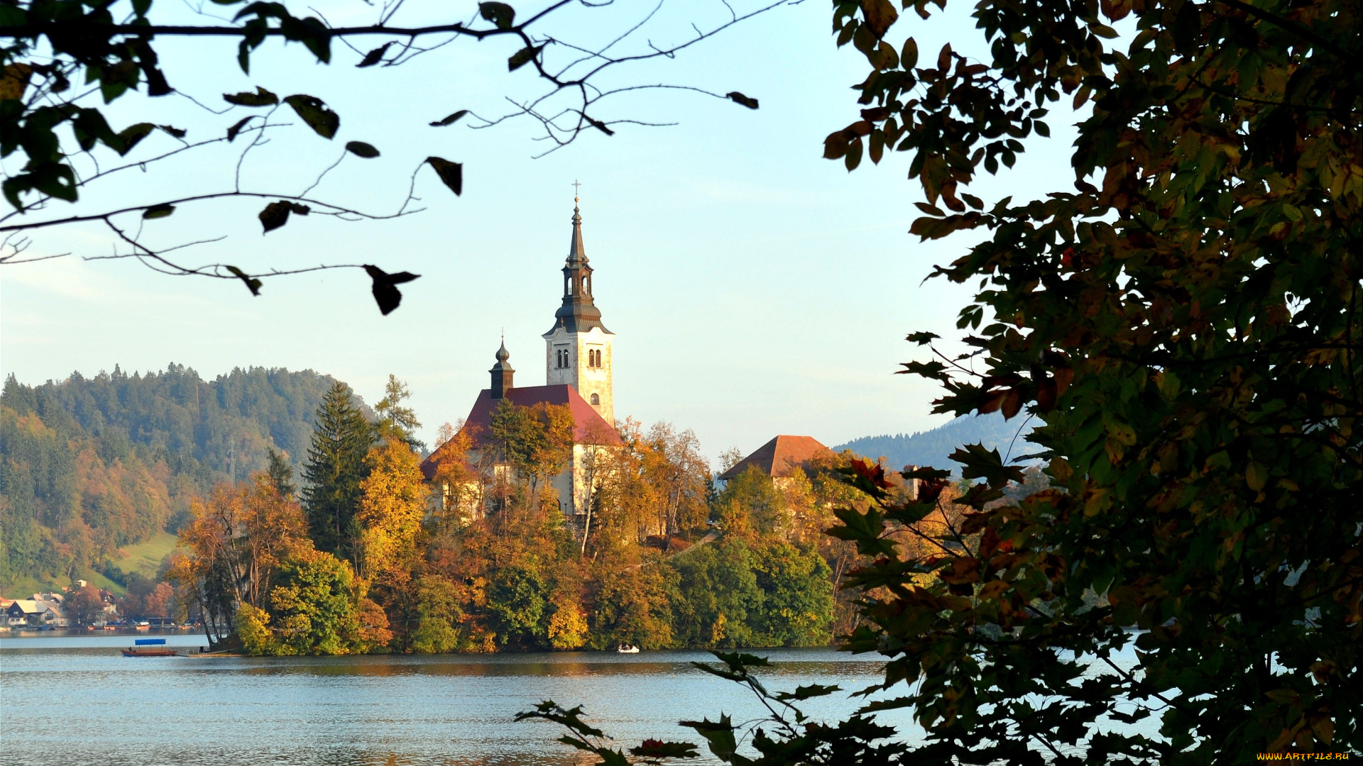 озеро, блед, словения, города, деревья, церковь