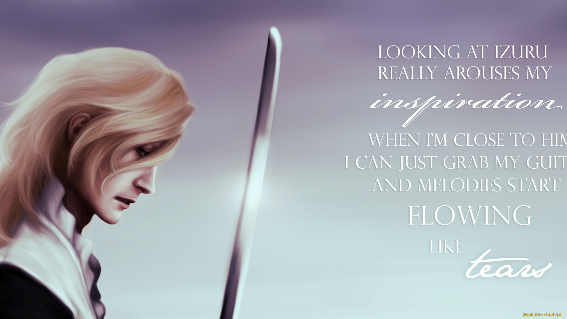 аниме, bleach, блондин, парень, арт, блич, надписи, меч, занпакто