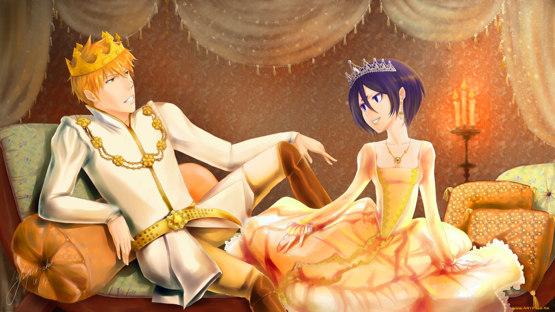 аниме, bleach, корона, платье, украшения, парень, девушка, kuchiki, rukia, kurosaki, ichigo, art